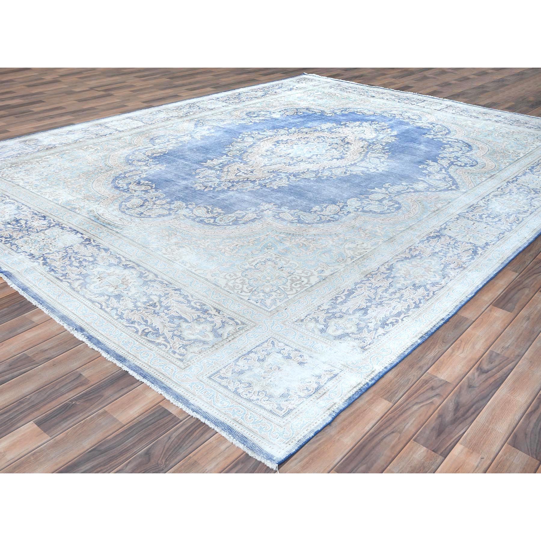 10'x13' Denim Blue Vintage Persian Kerman Hand Knotted Sheared Low Worn Wool Distressed Look Oriental Rug Sh81253