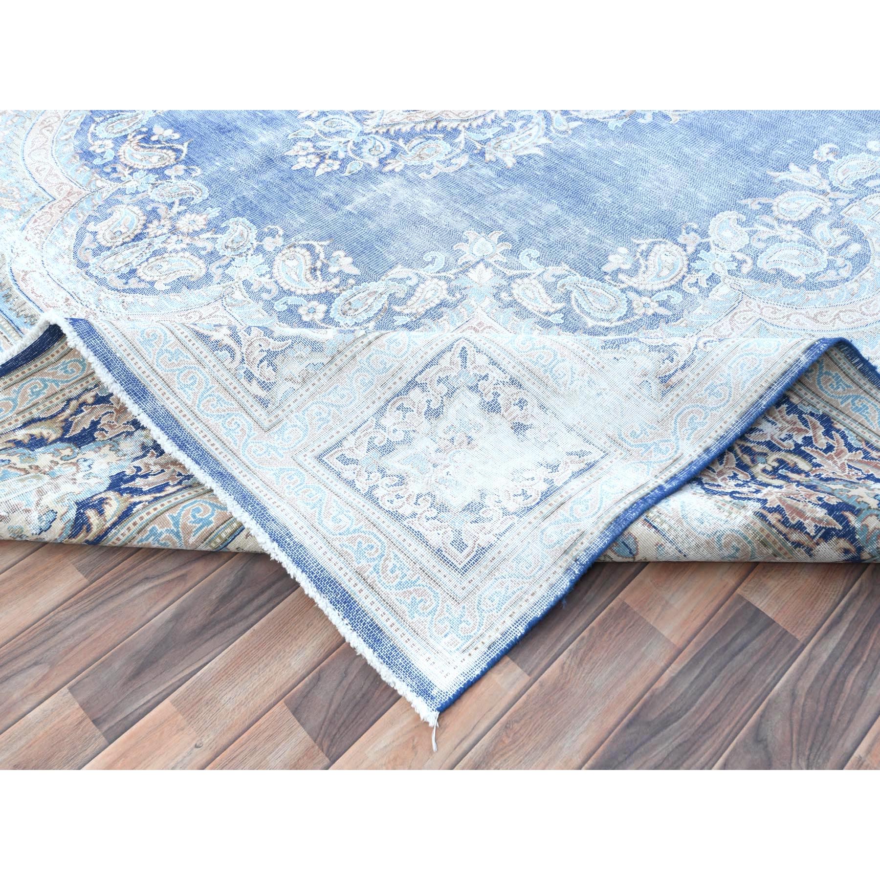 10'x13' Denim Blue Vintage Persian Kerman Hand Knotted Sheared Low Worn Wool Distressed Look Oriental Rug Sh81253