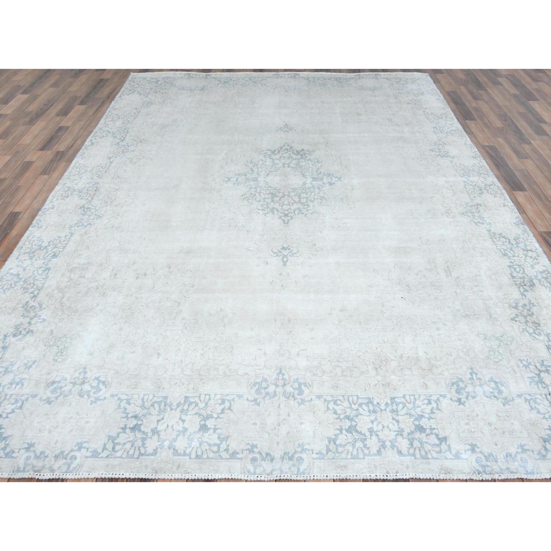 9'x12' Ivory Semi Antique Persian Kerman Worn Wool, Sheared Low, Hand Knotted Distressed Look Oriental Rug Sh81254