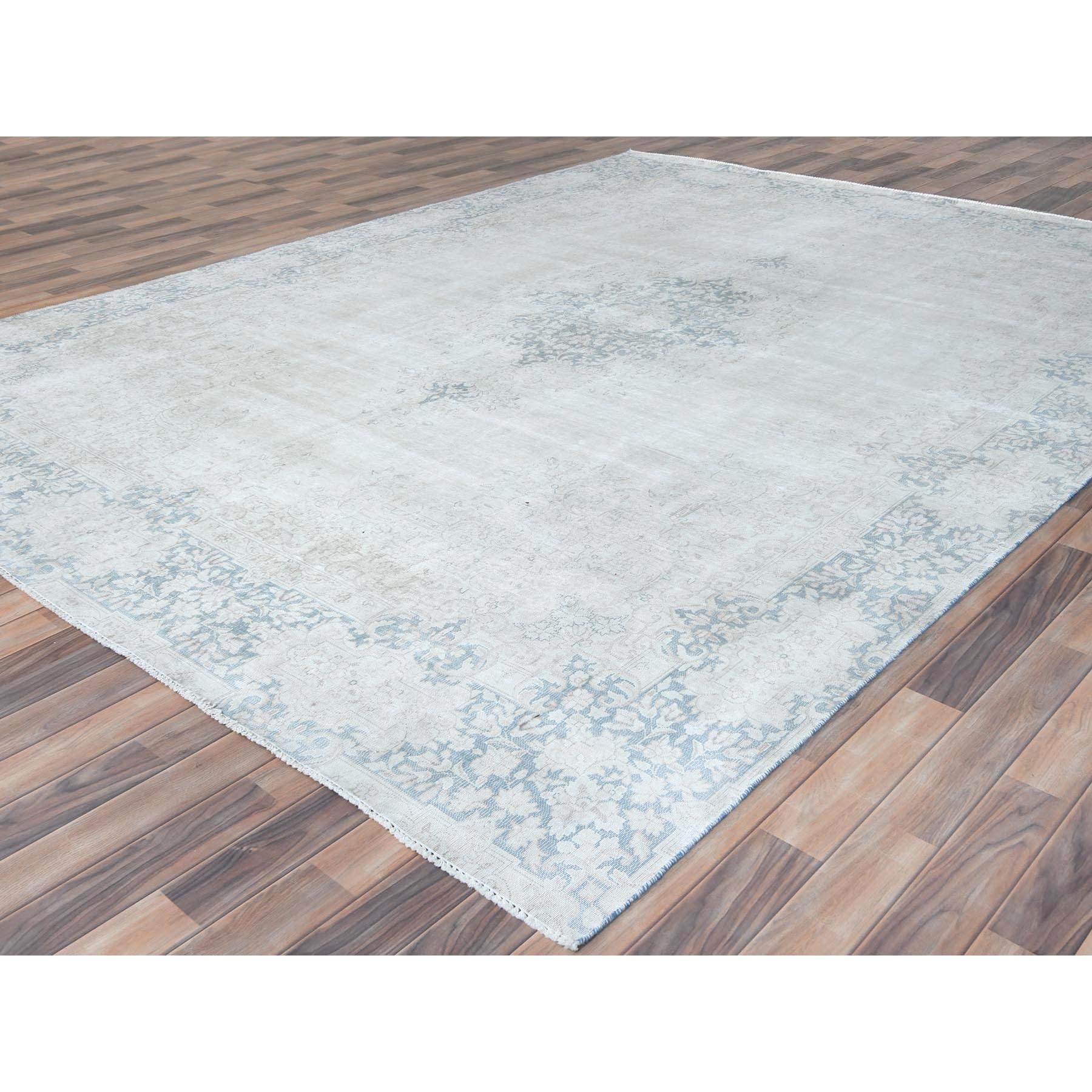 9'x12' Ivory Semi Antique Persian Kerman Worn Wool, Sheared Low, Hand Knotted Distressed Look Oriental Rug Sh81254