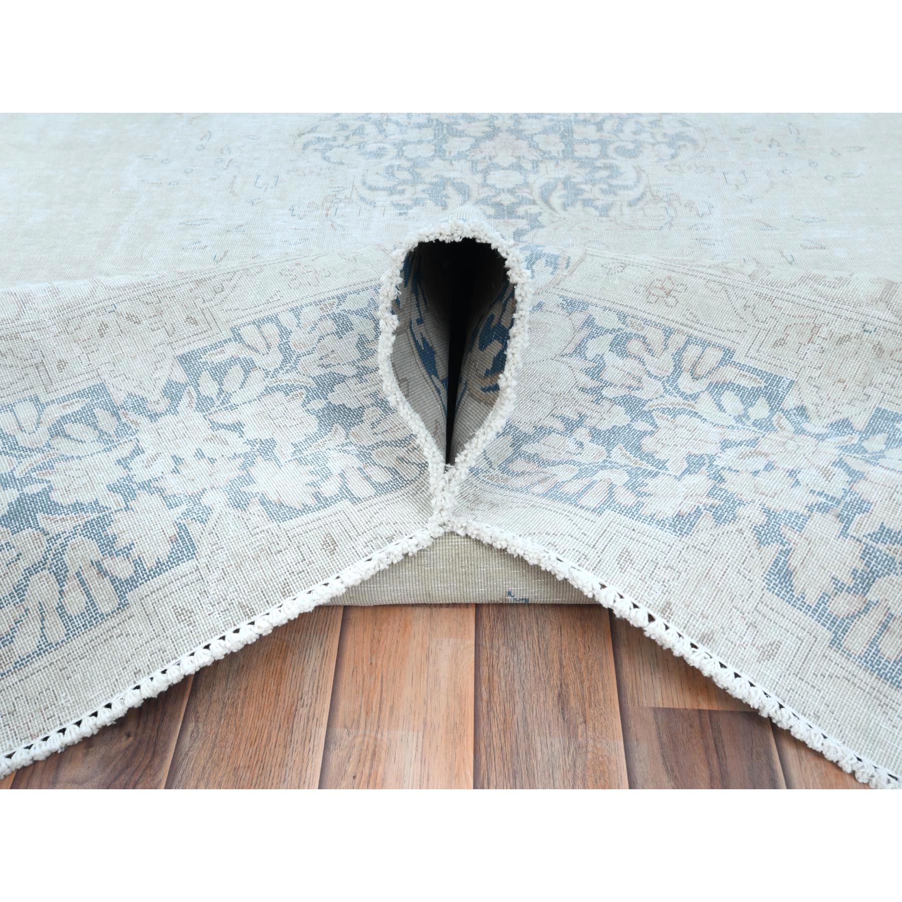 9'x12' Ivory Semi Antique Persian Kerman Worn Wool, Sheared Low, Hand Knotted Distressed Look Oriental Rug Sh81254