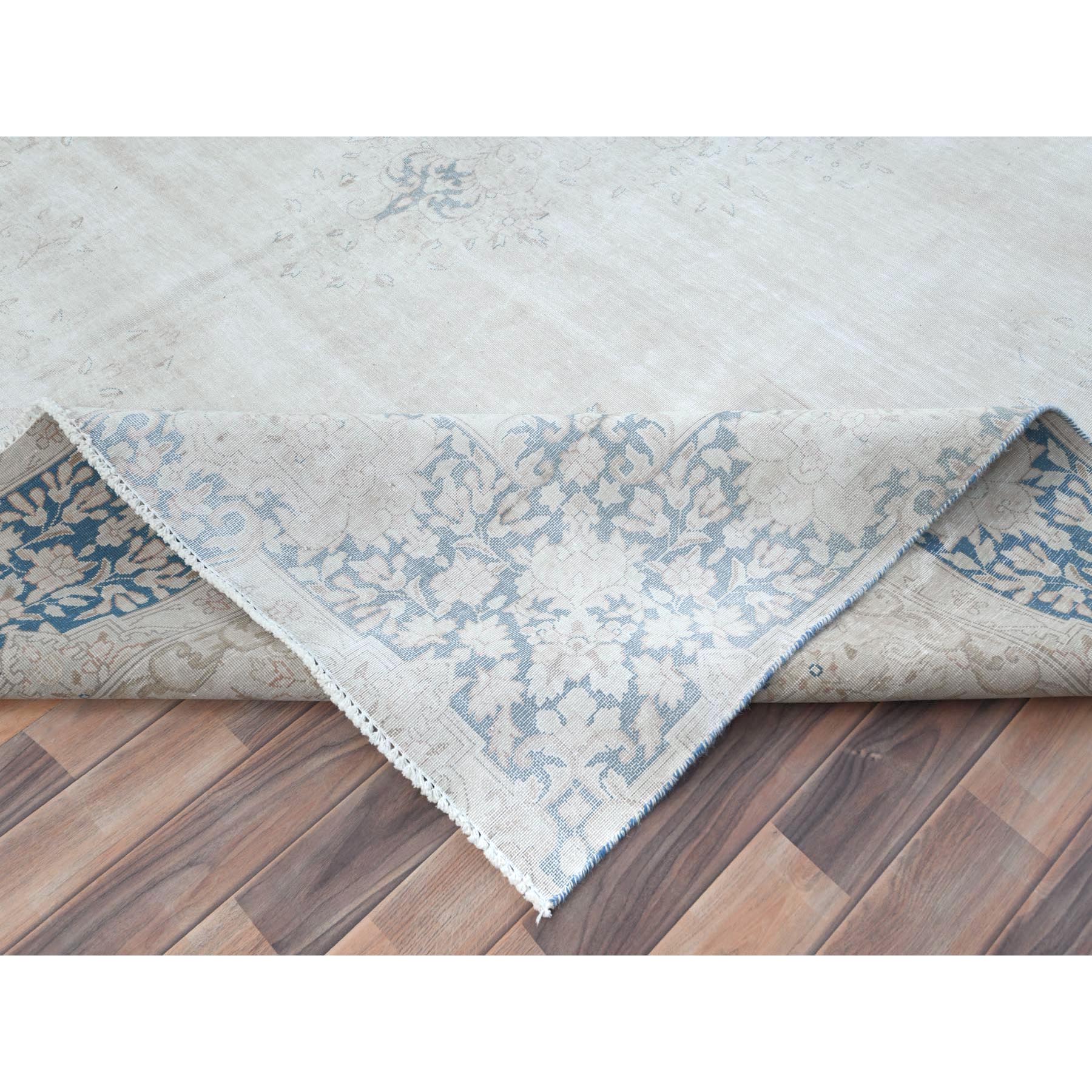 9'x12' Ivory Semi Antique Persian Kerman Worn Wool, Sheared Low, Hand Knotted Distressed Look Oriental Rug Sh81254
