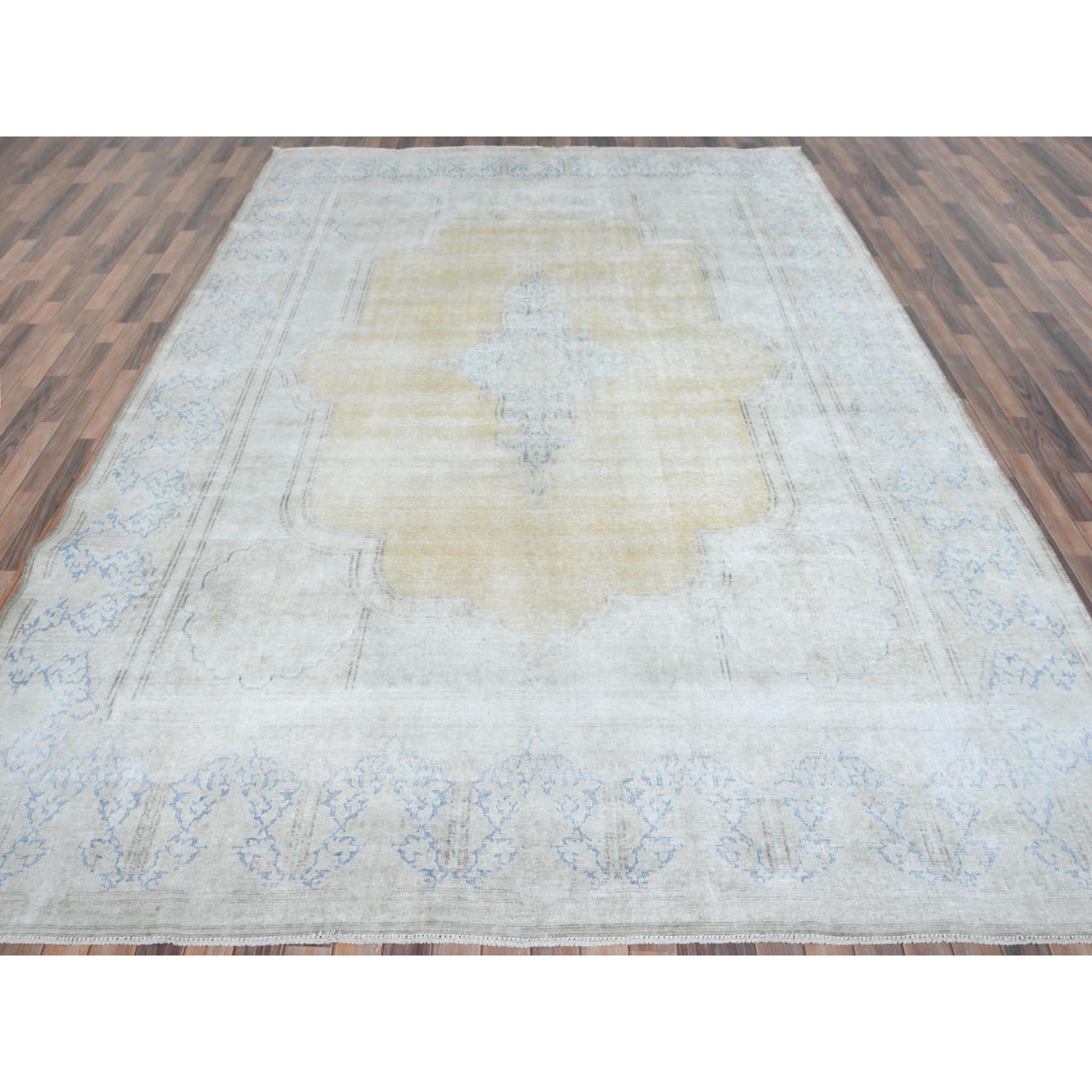 9'7"x12'8" Beige Vintage Persian Kerman Worn Wool, Sheared Low, Hand Knotted Distressed Look Oriental Rug Sh81256