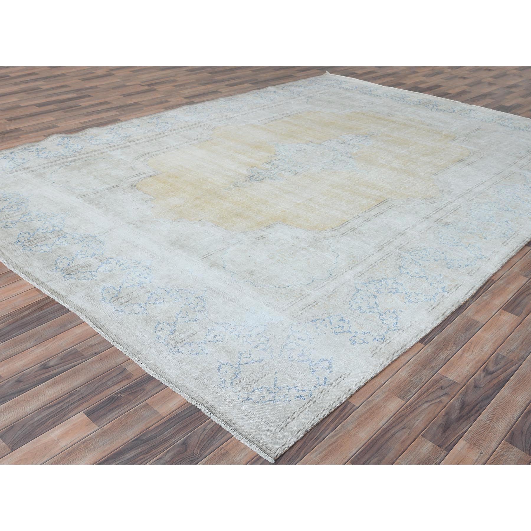 9'7"x12'8" Beige Vintage Persian Kerman Worn Wool, Sheared Low, Hand Knotted Distressed Look Oriental Rug Sh81256