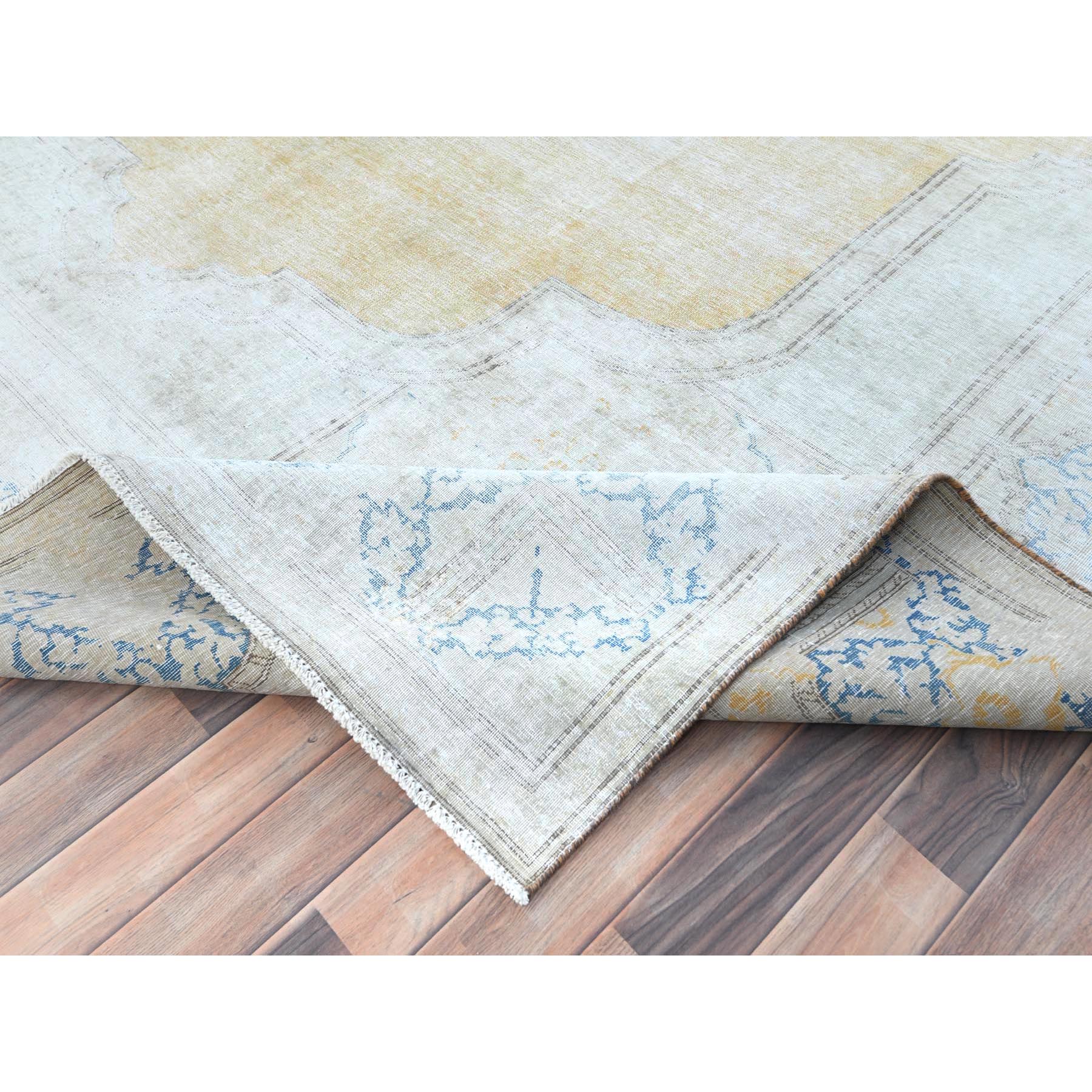 9'7"x12'8" Beige Vintage Persian Kerman Worn Wool, Sheared Low, Hand Knotted Distressed Look Oriental Rug Sh81256