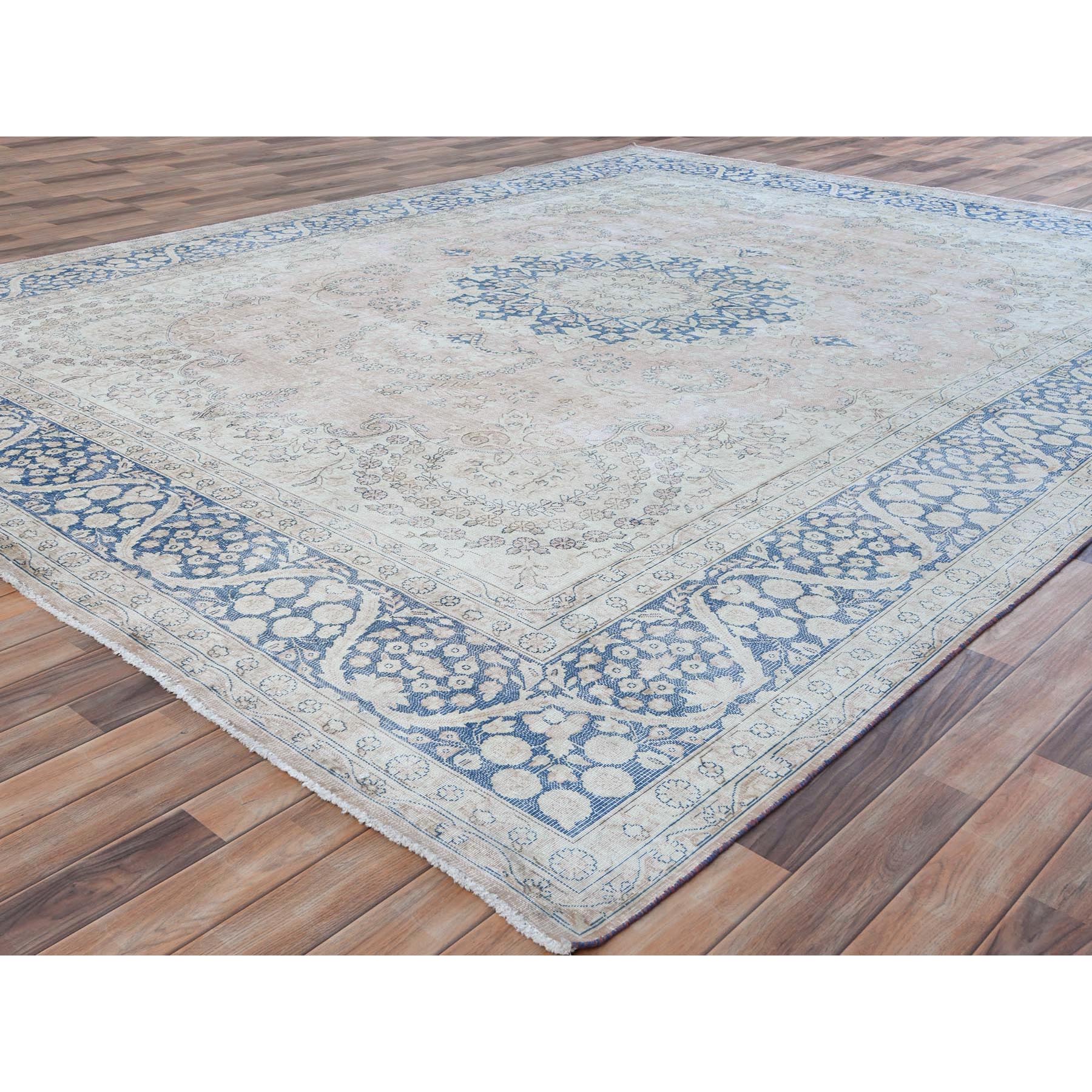 10'2"x13'4" Faded Red Hand Knotted Worn Wool, Sheared Low, Distressed Look, Vintage Persian Kerman Oriental Rug Sh81258