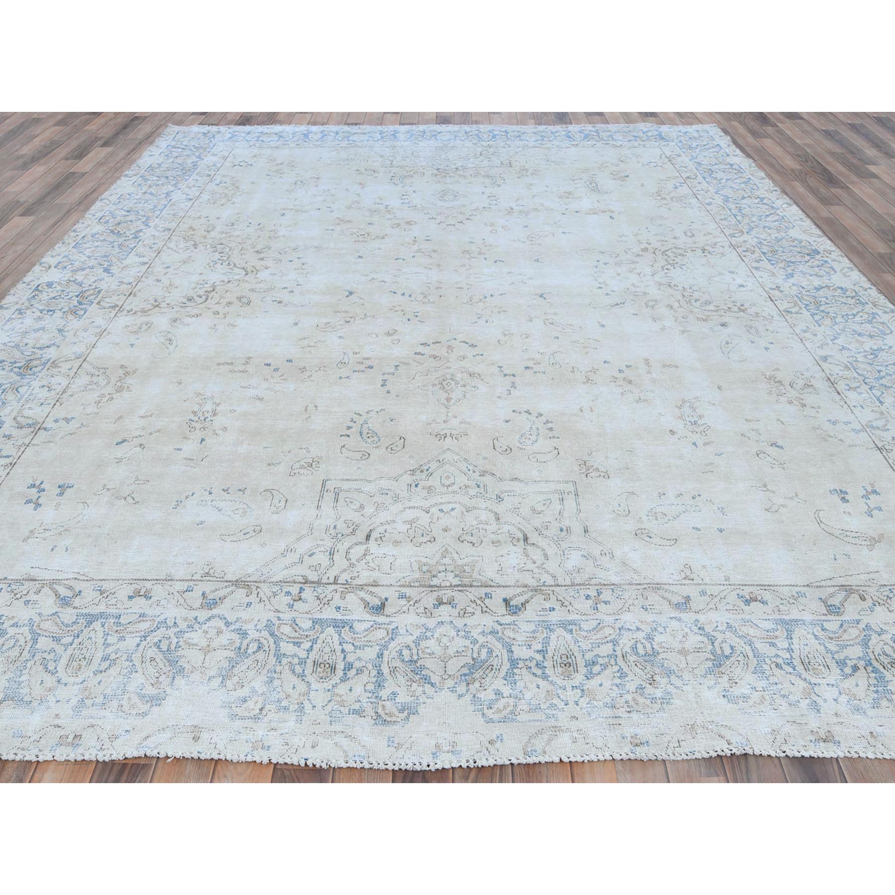 9'6"x12'6" Ivory Semi Antique Persian Kerman, Distressed Look, Hand Knotted Cropped Thin, Worn Wool Oriental Rug Sh81259