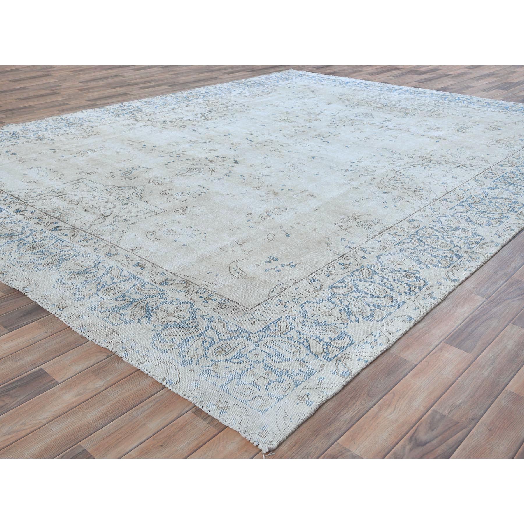 9'6"x12'6" Ivory Semi Antique Persian Kerman, Distressed Look, Hand Knotted Cropped Thin, Worn Wool Oriental Rug Sh81259