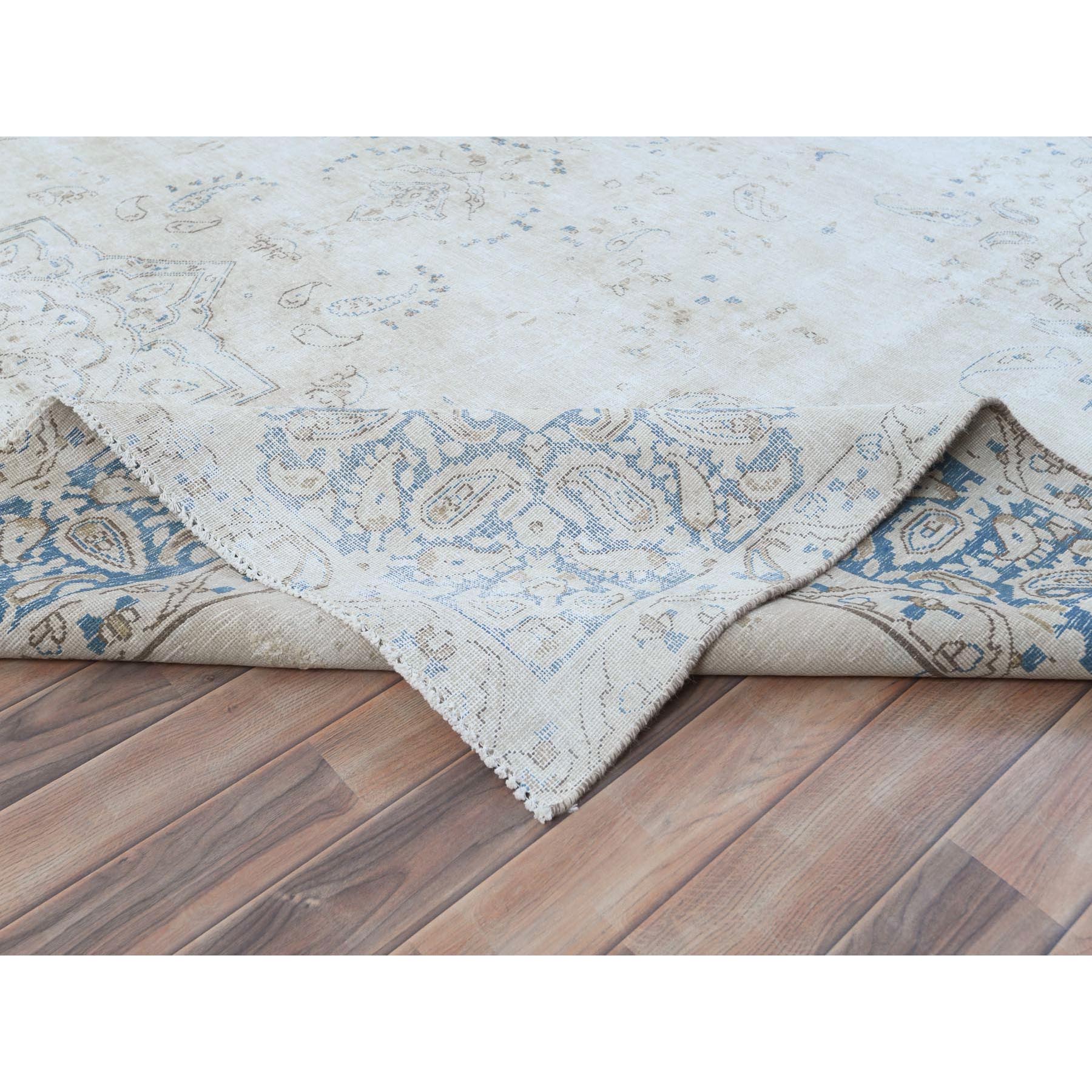 9'6"x12'6" Ivory Semi Antique Persian Kerman, Distressed Look, Hand Knotted Cropped Thin, Worn Wool Oriental Rug Sh81259