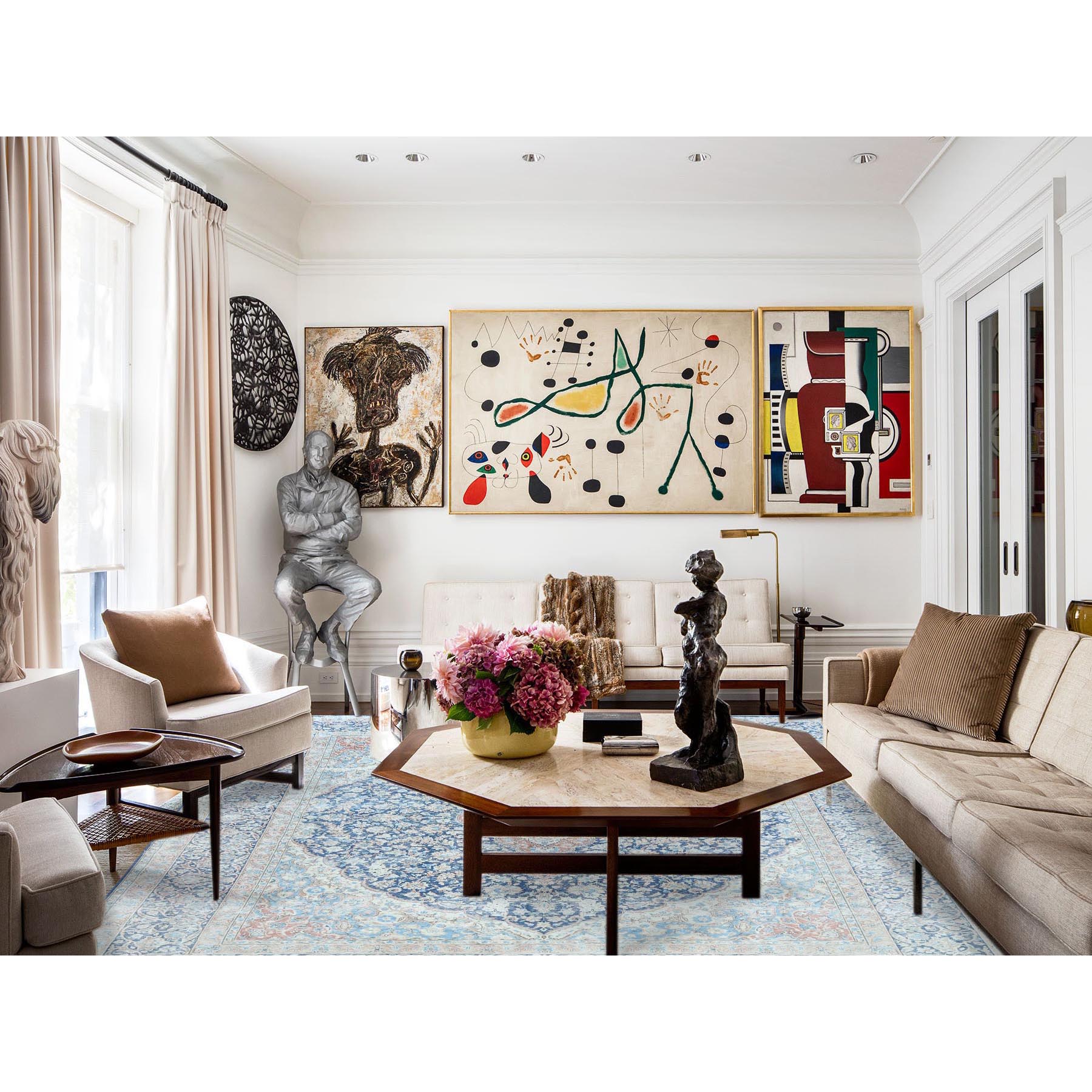 9'9"x12'8" Navy Blue Vintage Persian Kerman Worn Wool, Sheared Low, Hand Knotted Distressed Look Oriental Rug Sh81260