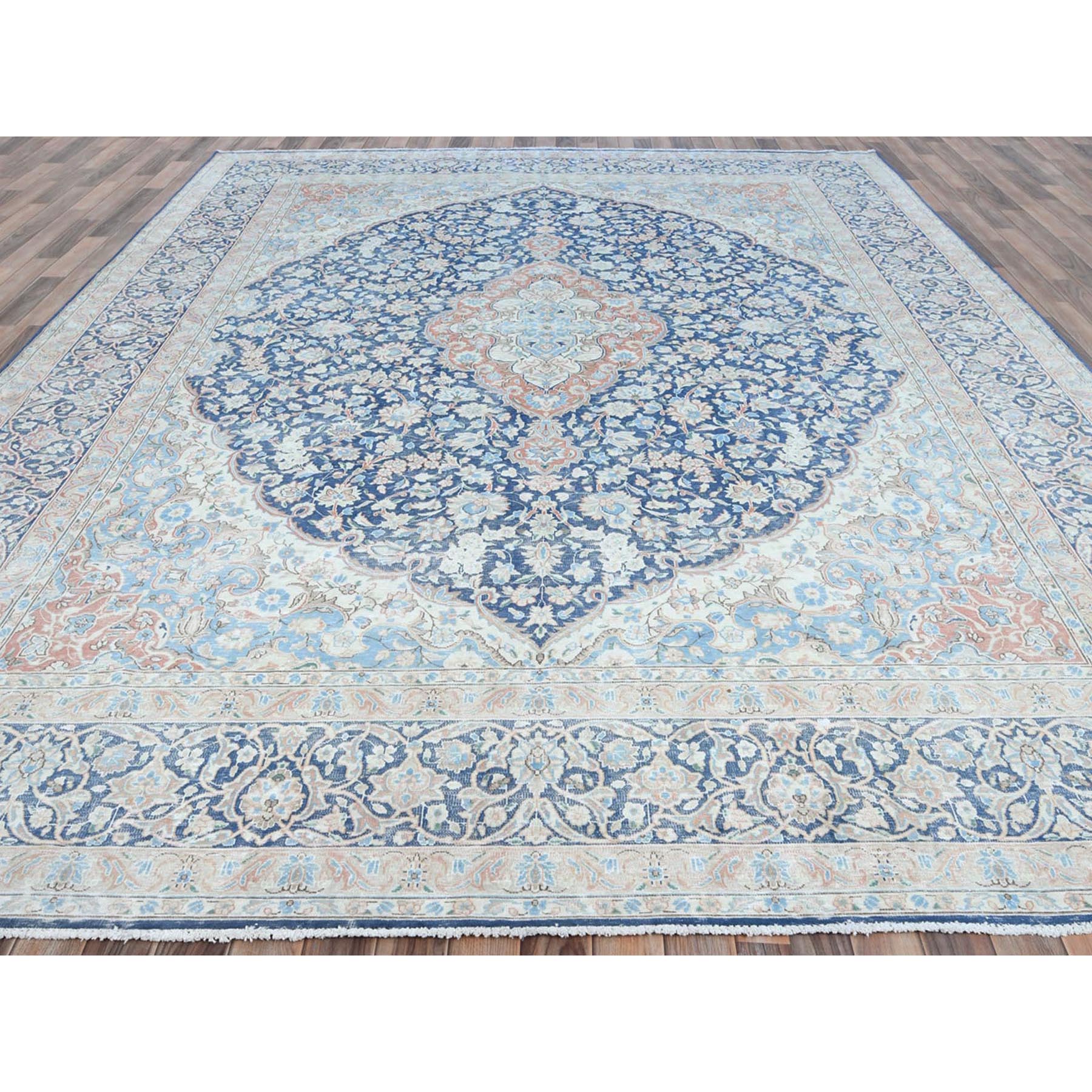 9'9"x12'8" Navy Blue Vintage Persian Kerman Worn Wool, Sheared Low, Hand Knotted Distressed Look Oriental Rug Sh81260