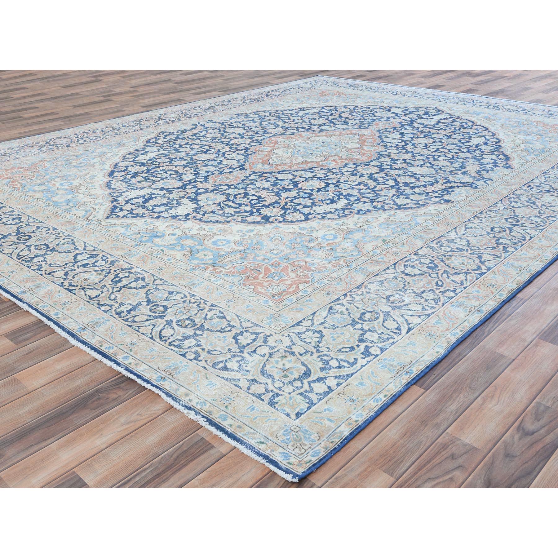 9'9"x12'8" Navy Blue Vintage Persian Kerman Worn Wool, Sheared Low, Hand Knotted Distressed Look Oriental Rug Sh81260