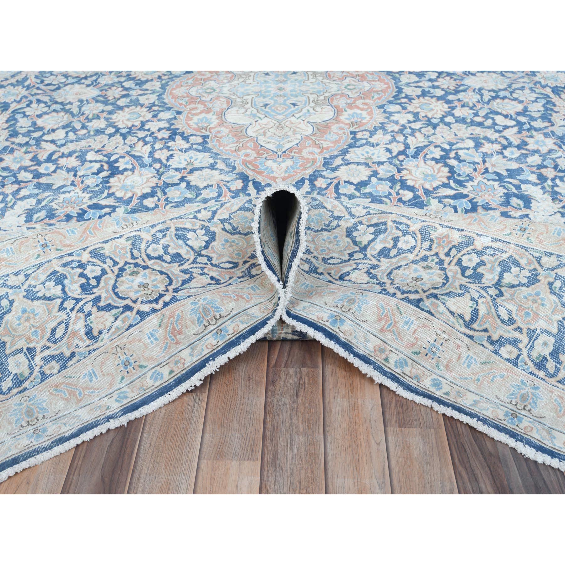 9'9"x12'8" Navy Blue Vintage Persian Kerman Worn Wool, Sheared Low, Hand Knotted Distressed Look Oriental Rug Sh81260