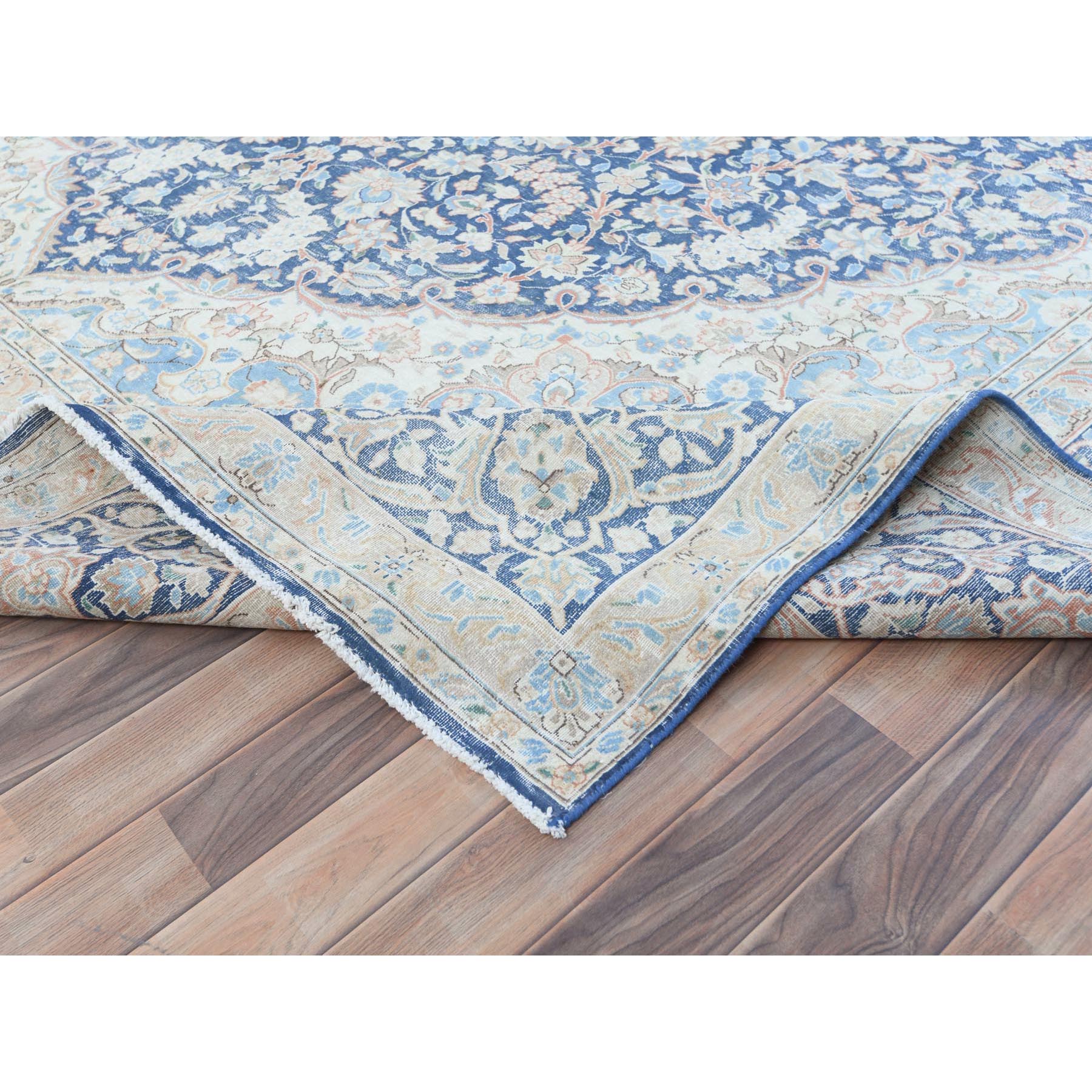 9'9"x12'8" Navy Blue Vintage Persian Kerman Worn Wool, Sheared Low, Hand Knotted Distressed Look Oriental Rug Sh81260