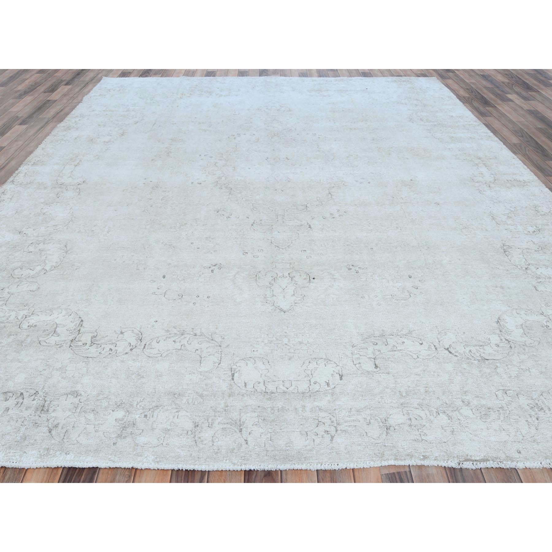9'8"x12'5" Ivory Hand Knotted Worn Wool, Cropped Thin, Distressed Look Vintage Persian Kerman Oriental Rug Sh81261