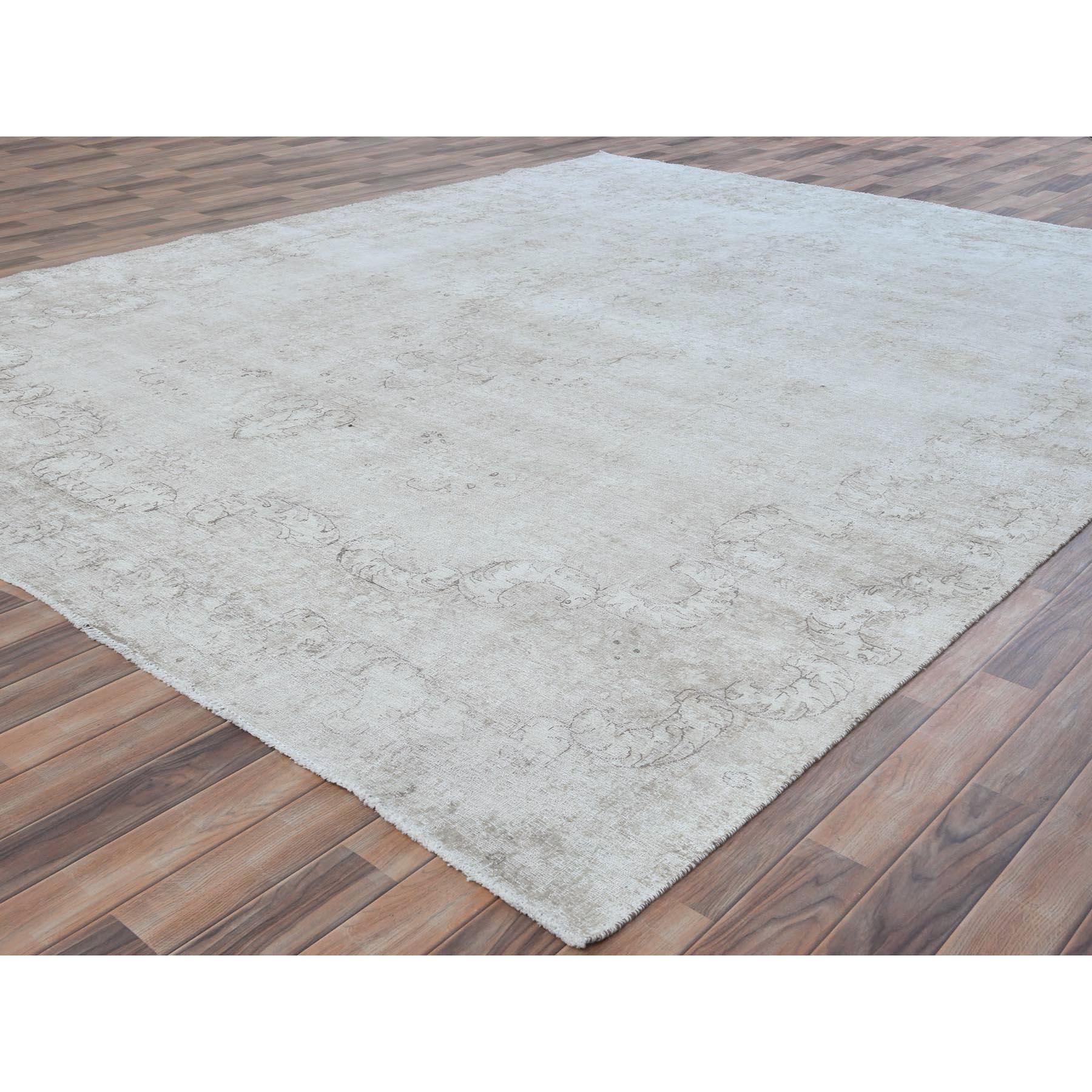 9'8"x12'5" Ivory Hand Knotted Worn Wool, Cropped Thin, Distressed Look Vintage Persian Kerman Oriental Rug Sh81261