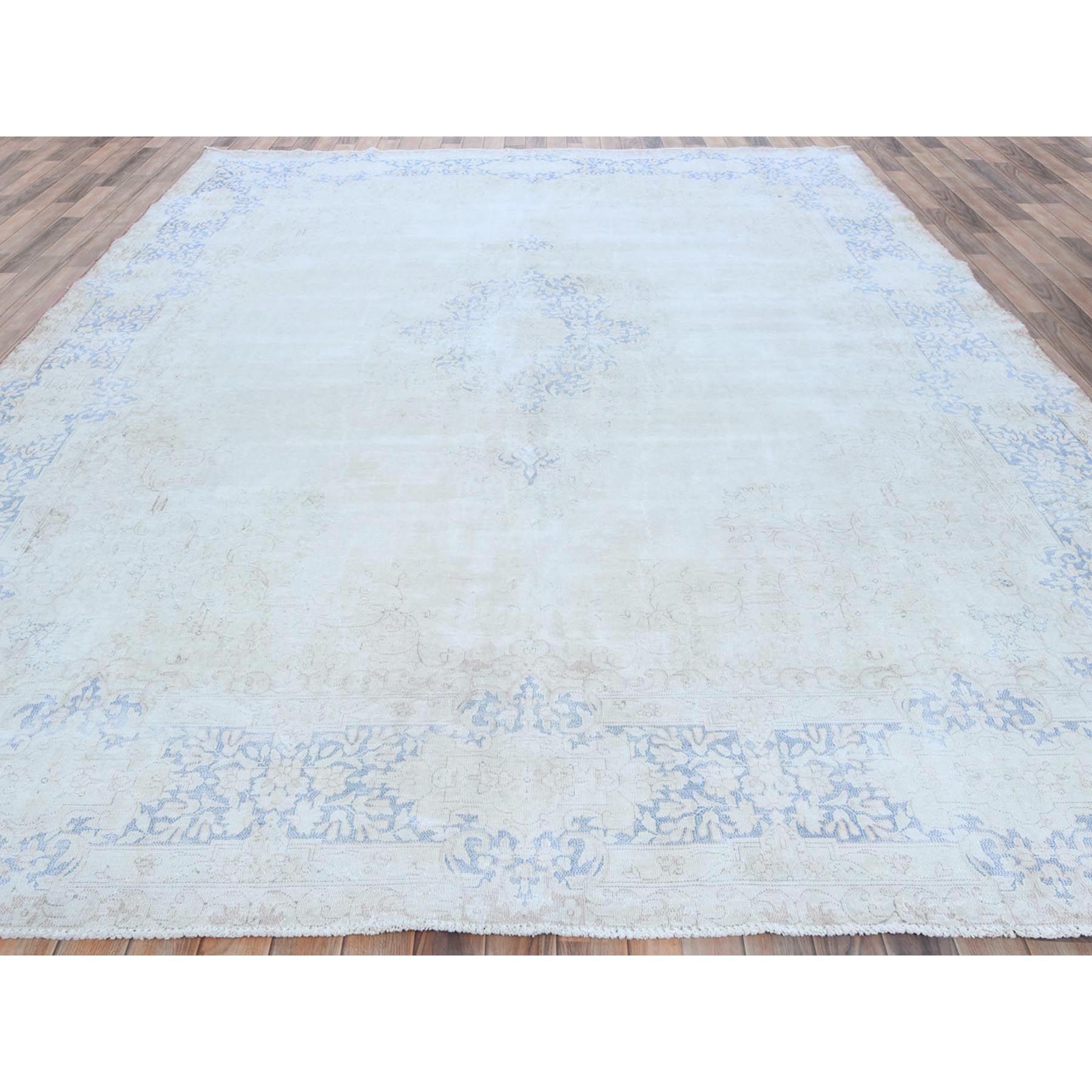 9'7"x12'9" Light Blue Hand Knotted Vintage Persian Kerman Sheared Low Worn Wool Distressed Look Oriental Rug Sh81265