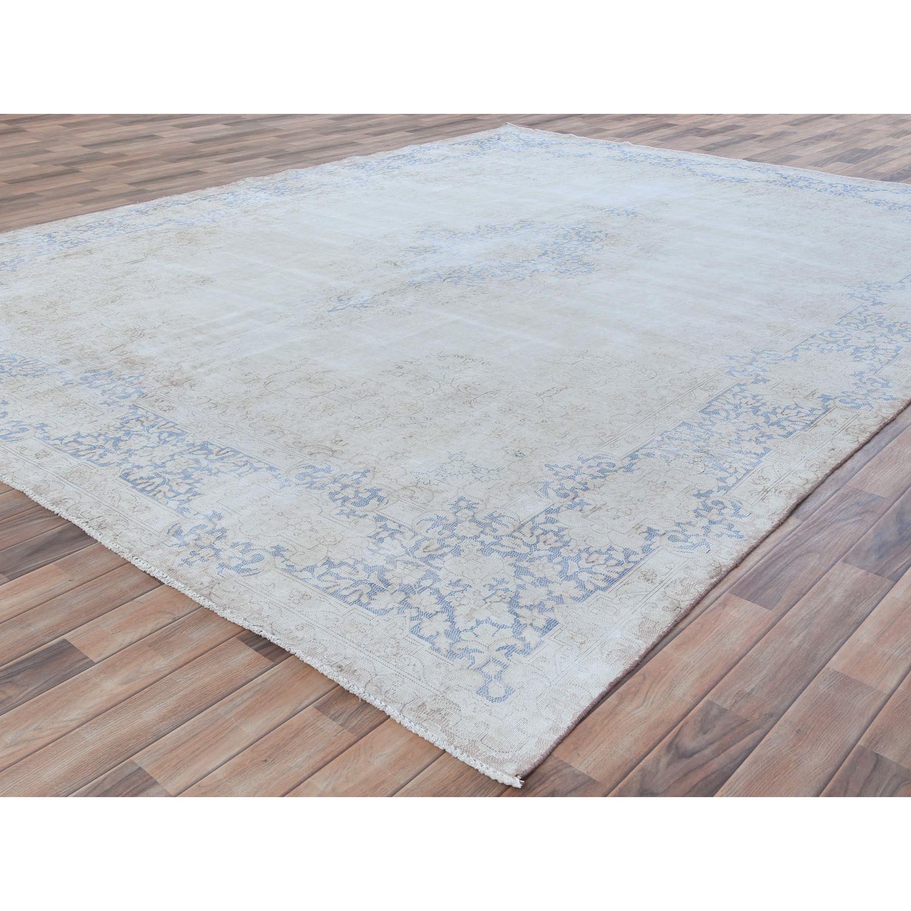 9'7"x12'9" Light Blue Hand Knotted Vintage Persian Kerman Sheared Low Worn Wool Distressed Look Oriental Rug Sh81265