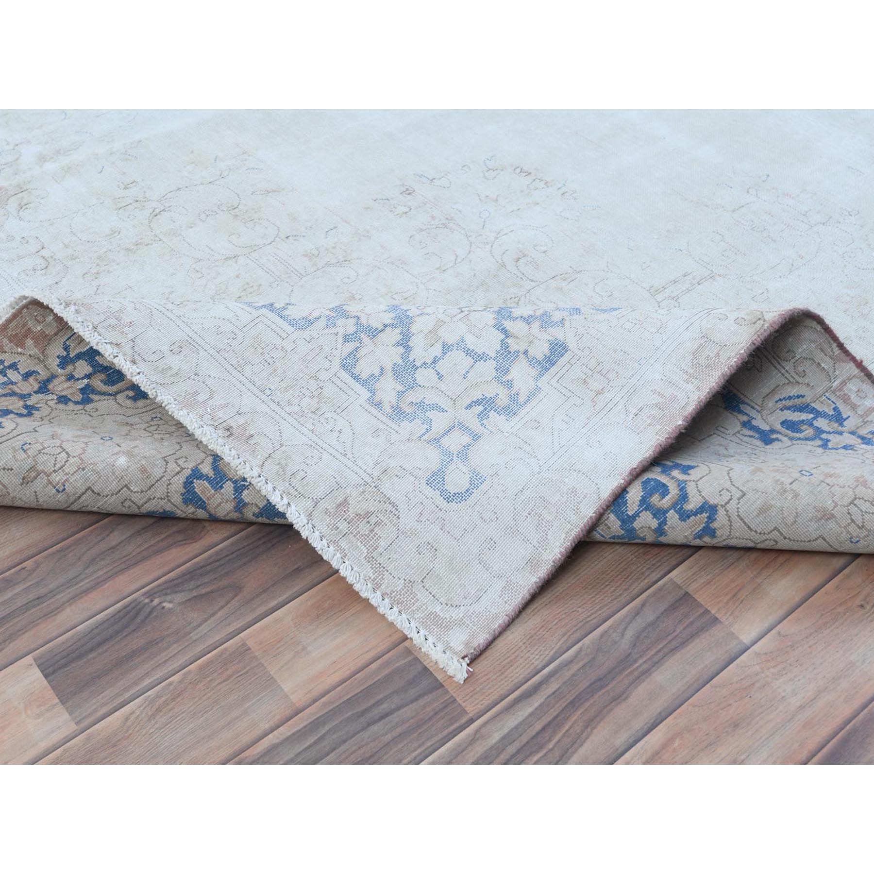 9'7"x12'9" Light Blue Hand Knotted Vintage Persian Kerman Sheared Low Worn Wool Distressed Look Oriental Rug Sh81265
