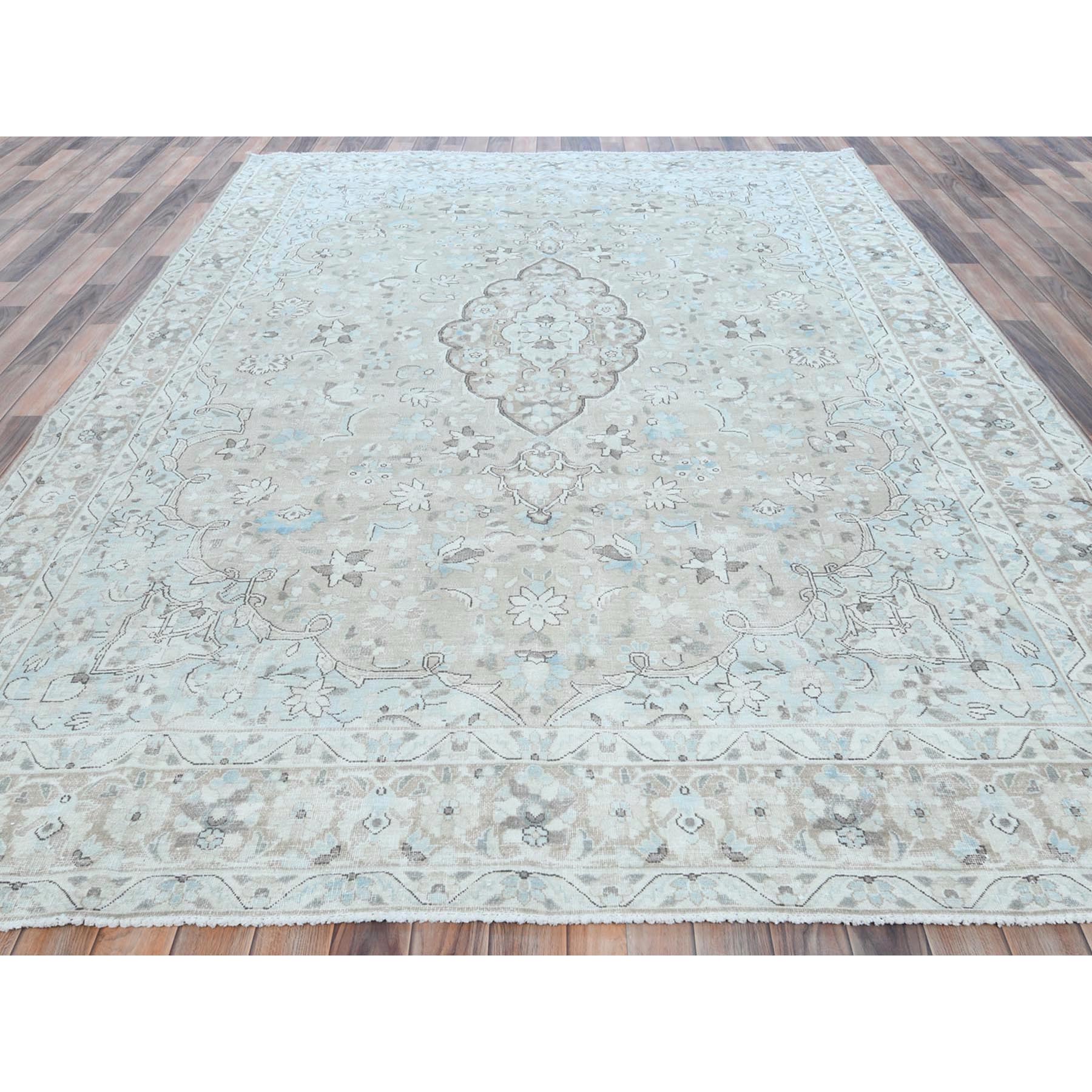 7'6"x10'10" Beige Vintage Persian Kerman Hand Knotted Worn Wool Sheared Low Shabby Chic Distressed Look Oriental Rug Sh81267