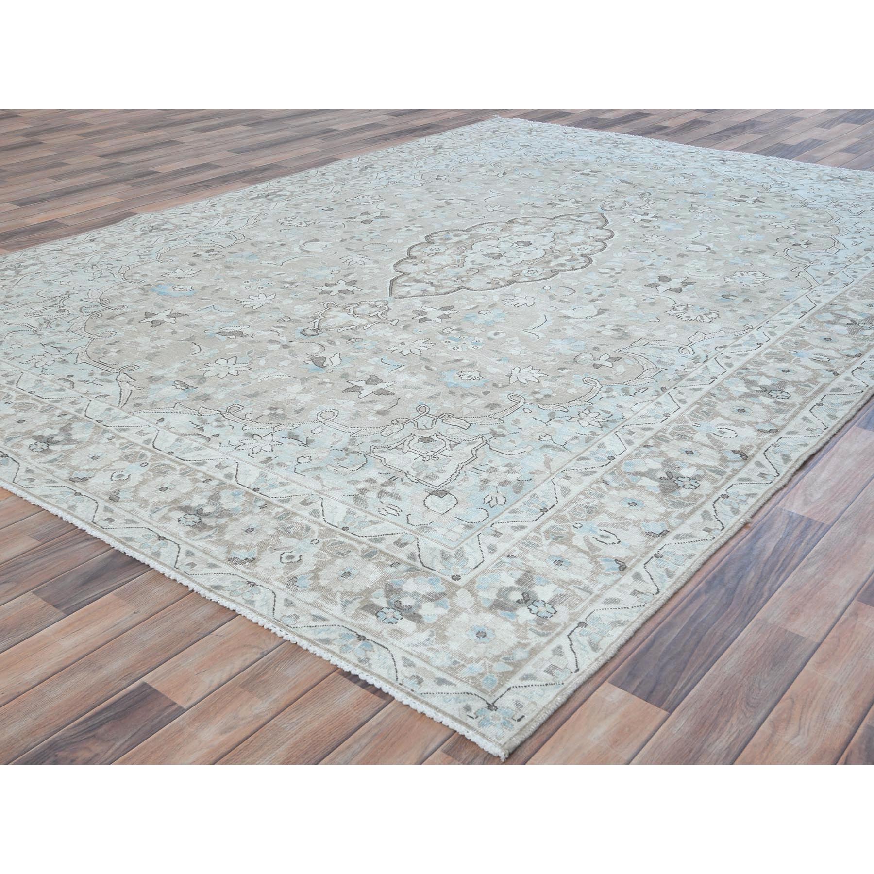 7'6"x10'10" Beige Vintage Persian Kerman Hand Knotted Worn Wool Sheared Low Shabby Chic Distressed Look Oriental Rug Sh81267