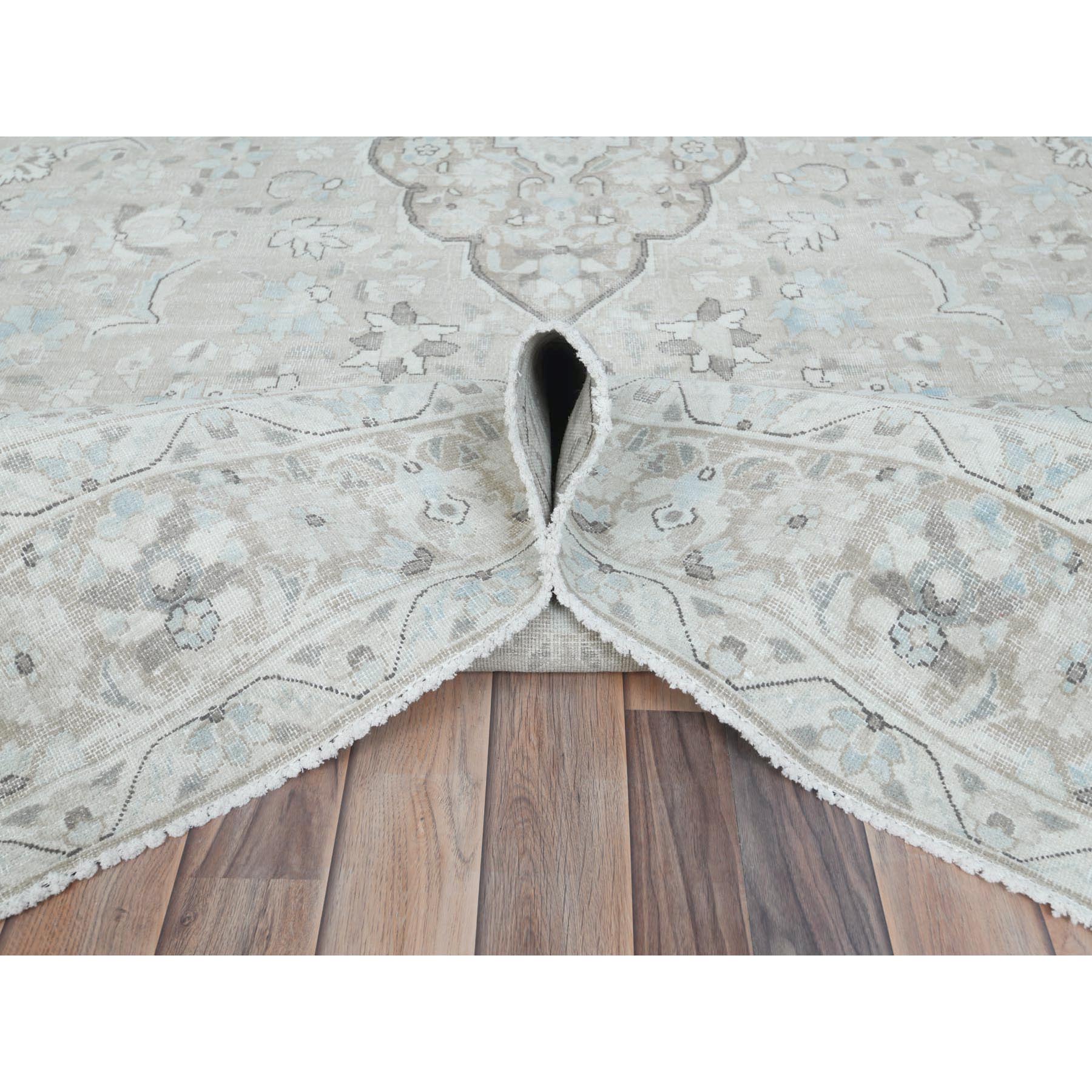 7'6"x10'10" Beige Vintage Persian Kerman Hand Knotted Worn Wool Sheared Low Shabby Chic Distressed Look Oriental Rug Sh81267