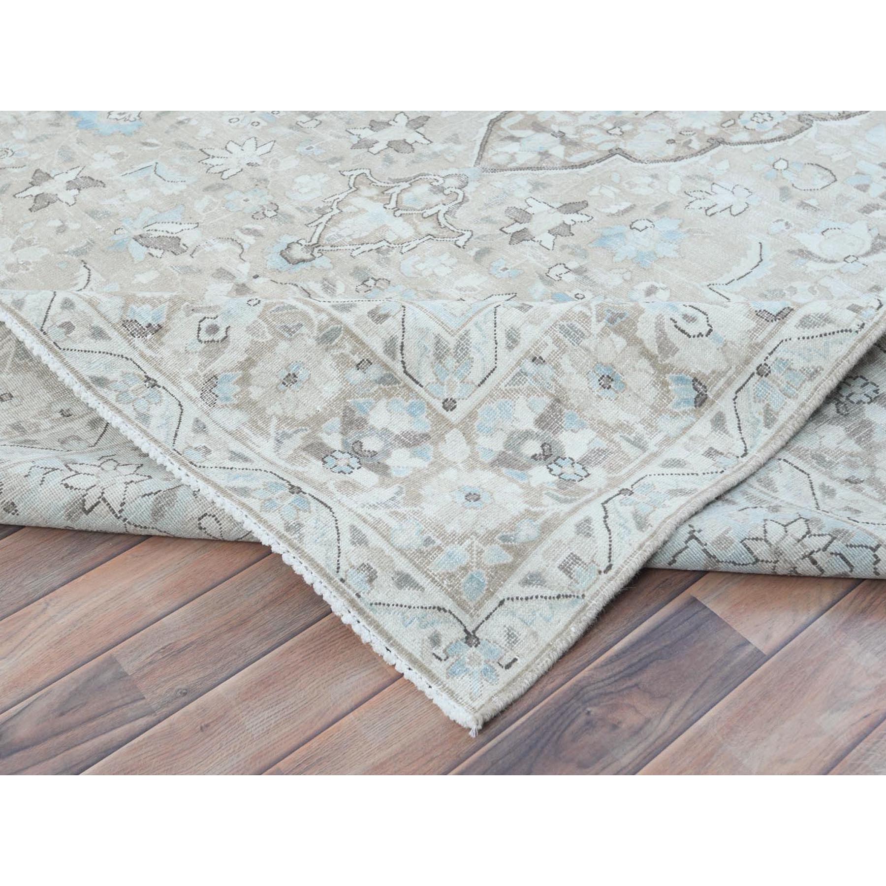 7'6"x10'10" Beige Vintage Persian Kerman Hand Knotted Worn Wool Sheared Low Shabby Chic Distressed Look Oriental Rug Sh81267