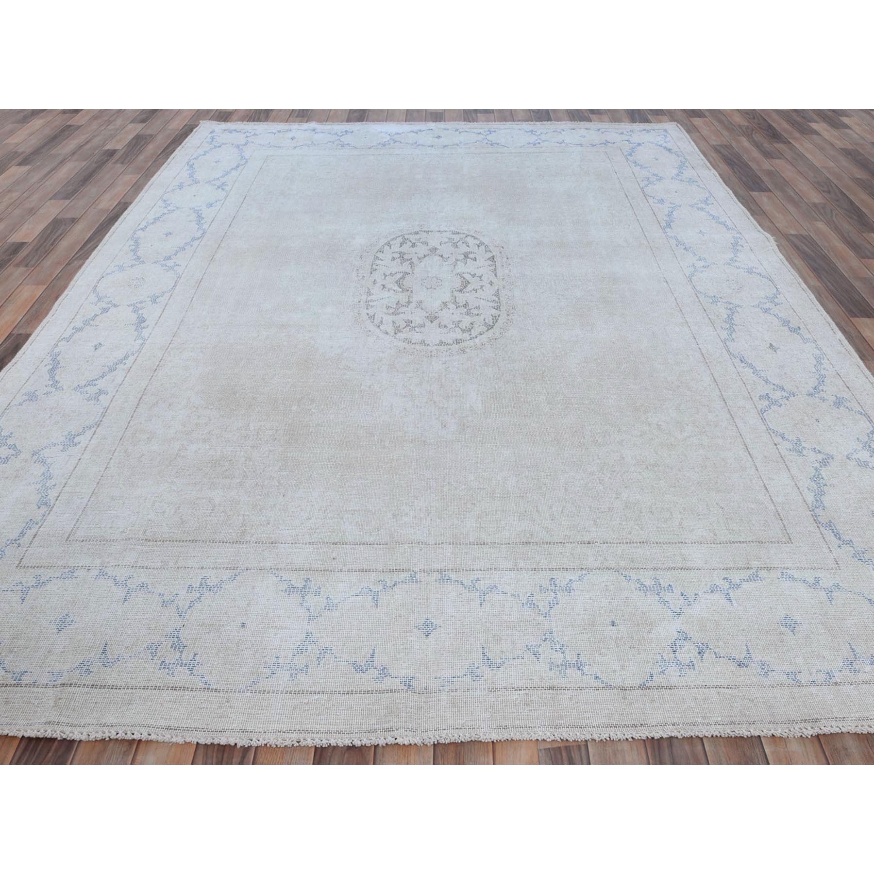 7'9"x10'7" Beige Old Persian Kerman Shabby Chic, Cropped Thin, Hand Knotted Worn Wool, Distressed Look Oriental Rug Sh81268