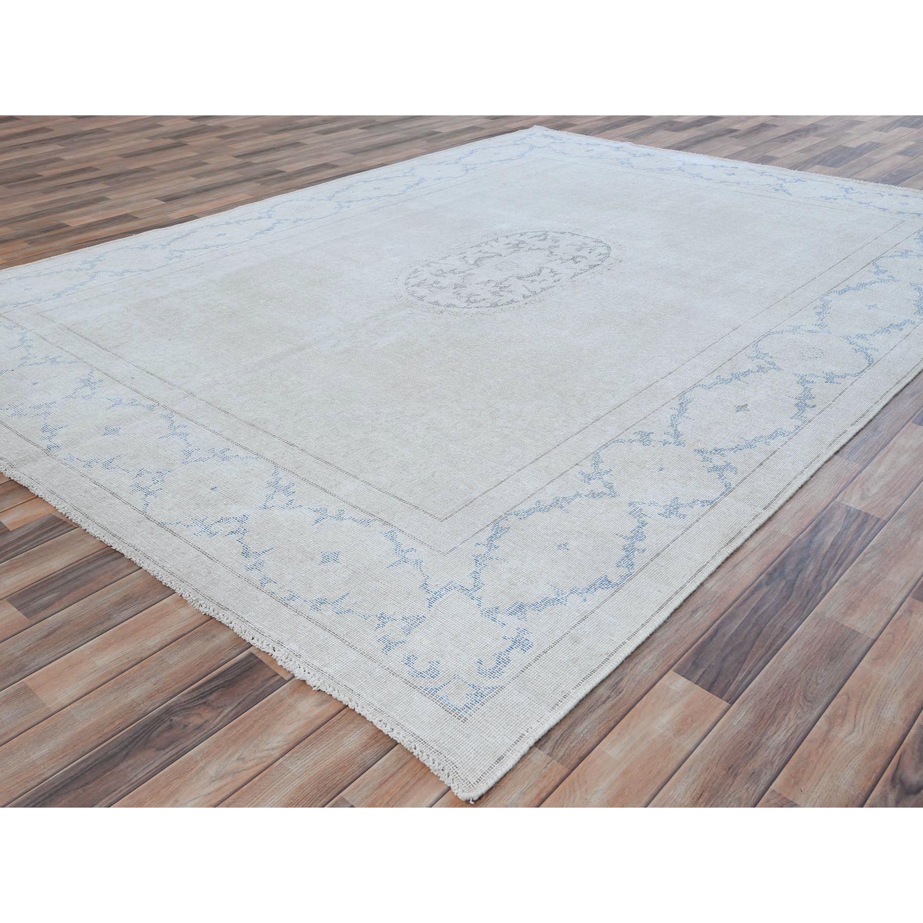 7'9"x10'7" Beige Old Persian Kerman Shabby Chic, Cropped Thin, Hand Knotted Worn Wool, Distressed Look Oriental Rug Sh81268