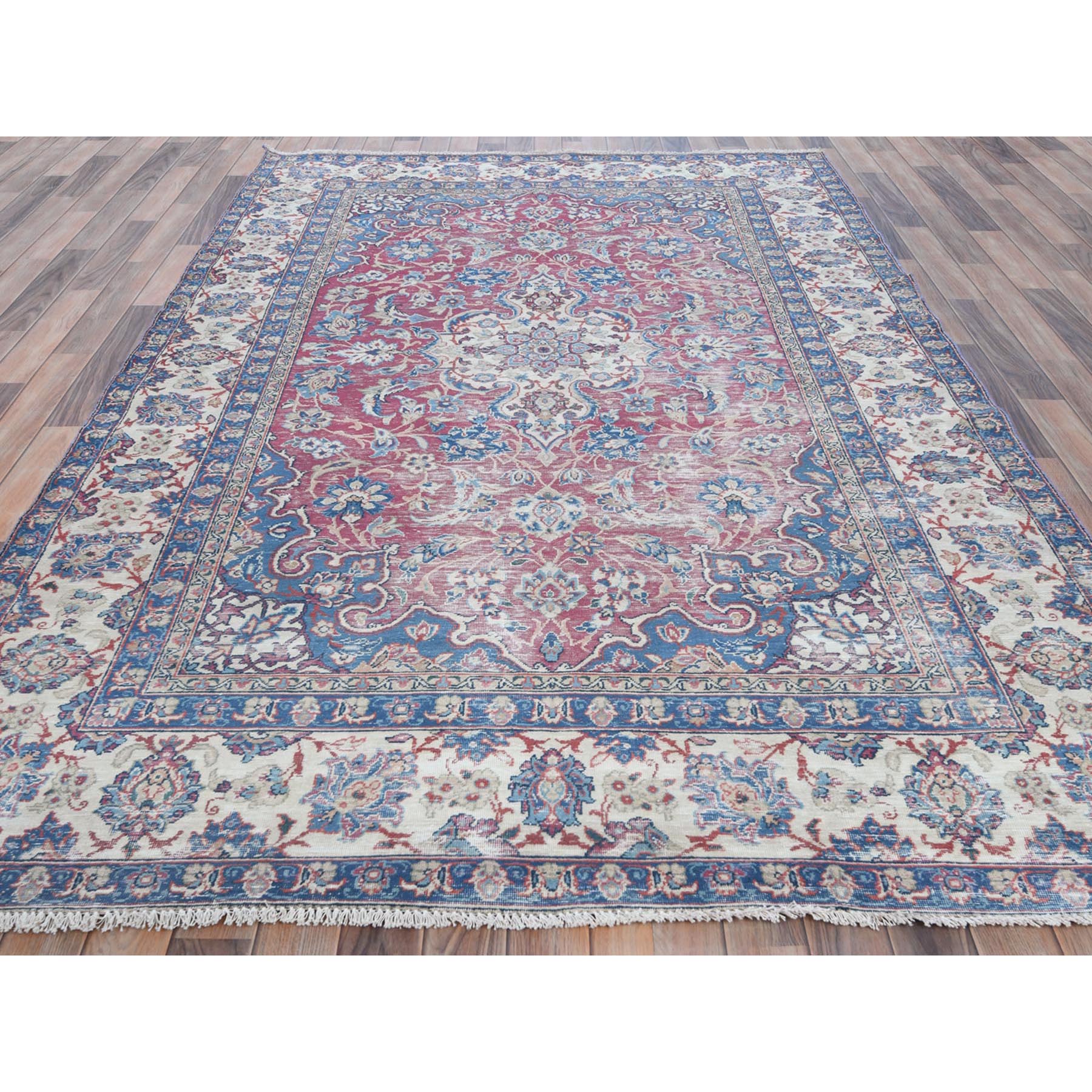 6'1"x9'6" Pinky Red, Vintage Persian Kerman Hand Knotted Worn Wool, Cropped Thin, Shabby Chic Distressed Look Oriental Rug Sh81269