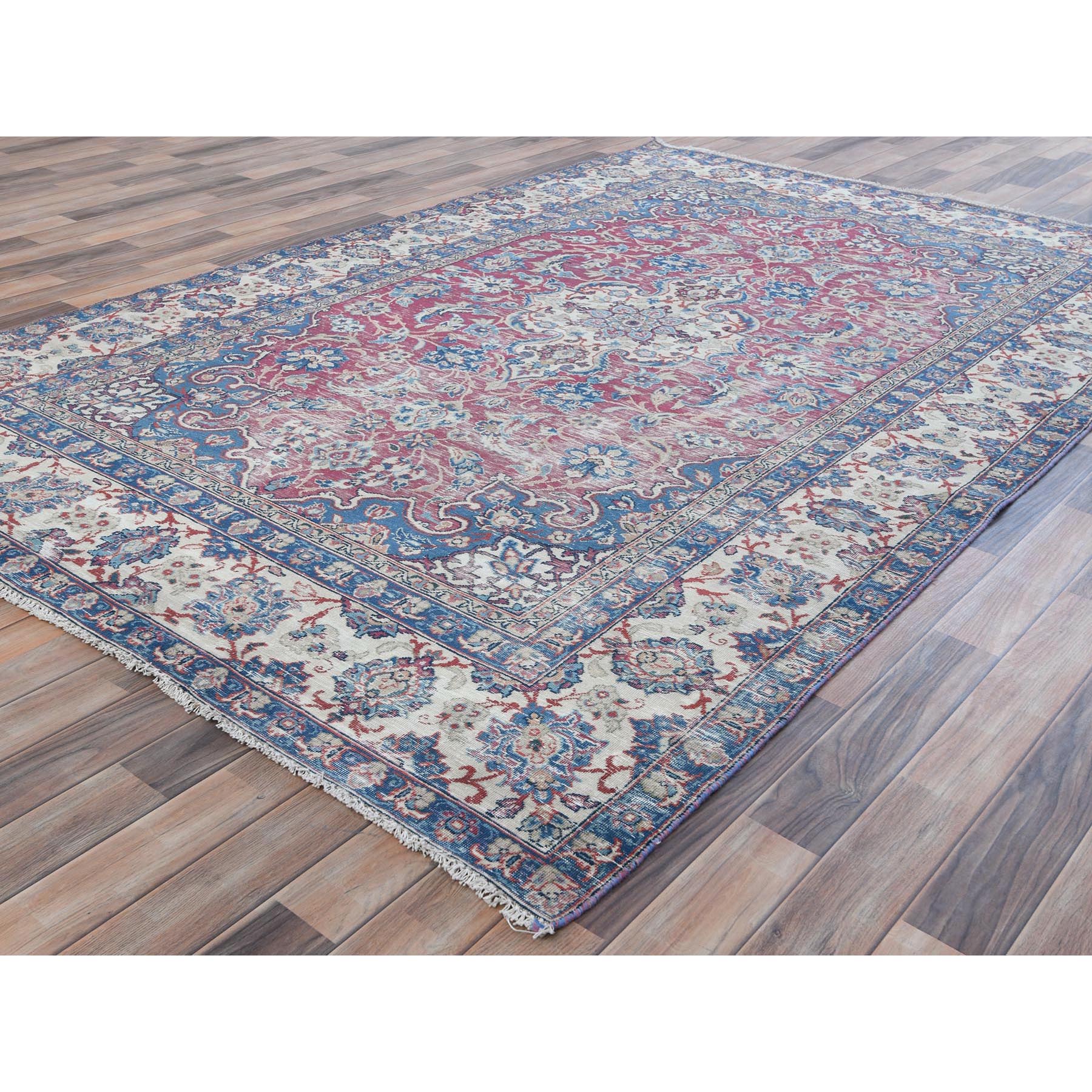 6'1"x9'6" Pinky Red, Vintage Persian Kerman Hand Knotted Worn Wool, Cropped Thin, Shabby Chic Distressed Look Oriental Rug Sh81269