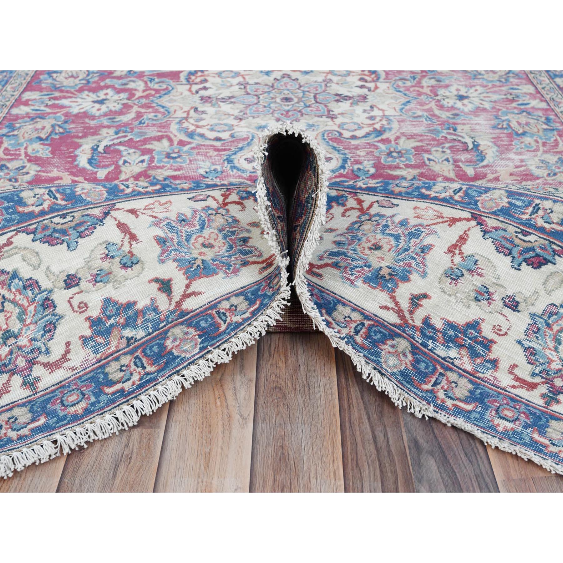 6'1"x9'6" Pinky Red, Vintage Persian Kerman Hand Knotted Worn Wool, Cropped Thin, Shabby Chic Distressed Look Oriental Rug Sh81269