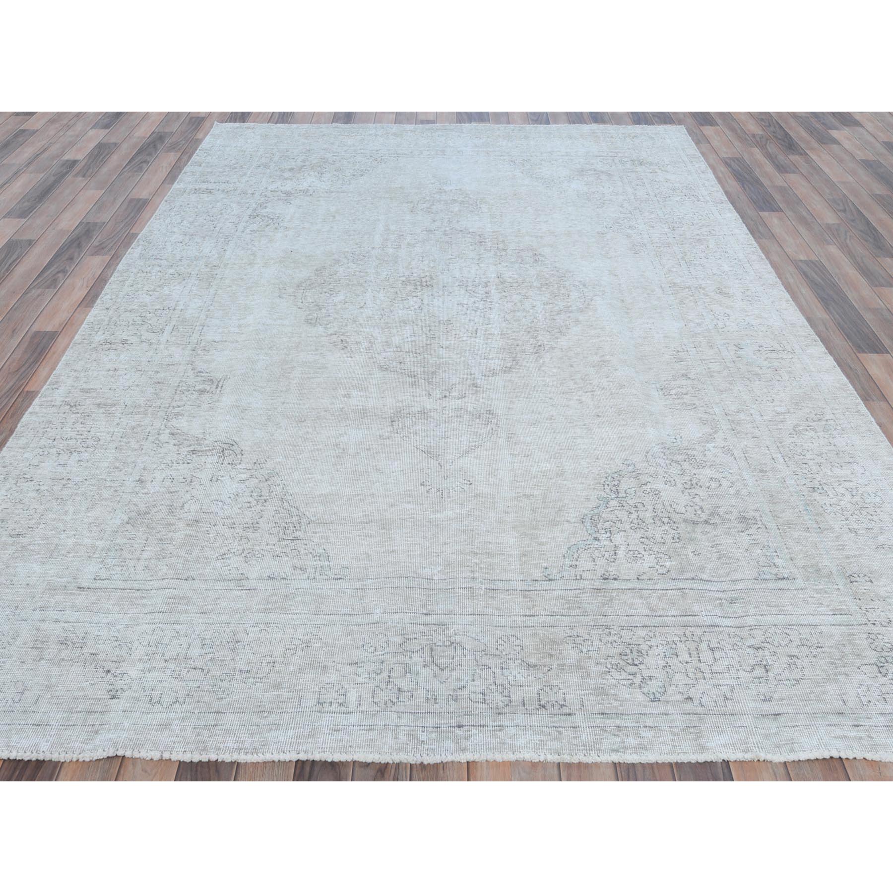 7'1"x10'8" Beige Vintage Persian Tabriz Hand Knotted Worn Wool, Sheared Low, Distressed Look Shabby Chic Oriental Rug Sh81281
