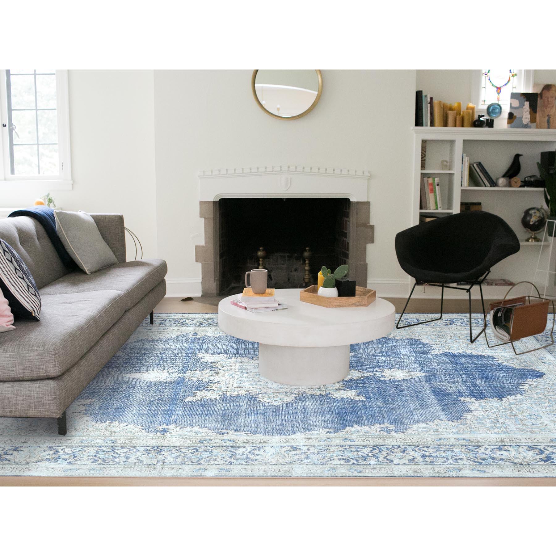 8'9"x12' Navy Blue Semi Antique Persian Kerman Worn Wool, Sheared Low, Hand Knotted, Shabby Chic Distressed Look Oriental Rug Sh81608
