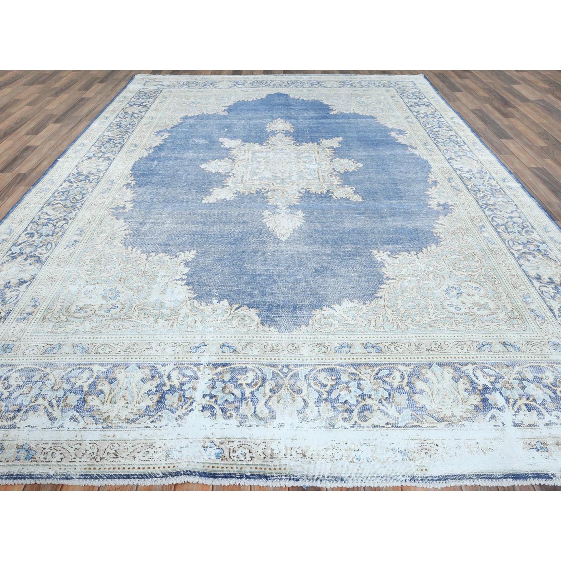 8'9"x12' Navy Blue Semi Antique Persian Kerman Worn Wool, Sheared Low, Hand Knotted, Shabby Chic Distressed Look Oriental Rug Sh81608
