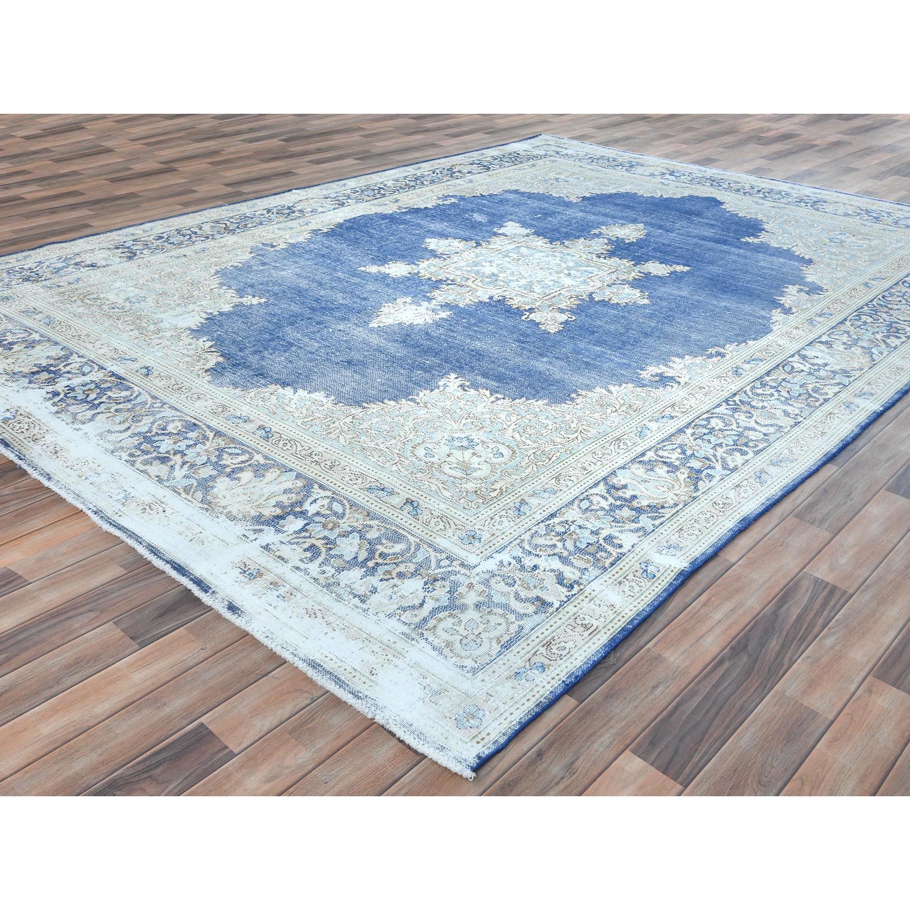 8'9"x12' Navy Blue Semi Antique Persian Kerman Worn Wool, Sheared Low, Hand Knotted, Shabby Chic Distressed Look Oriental Rug Sh81608