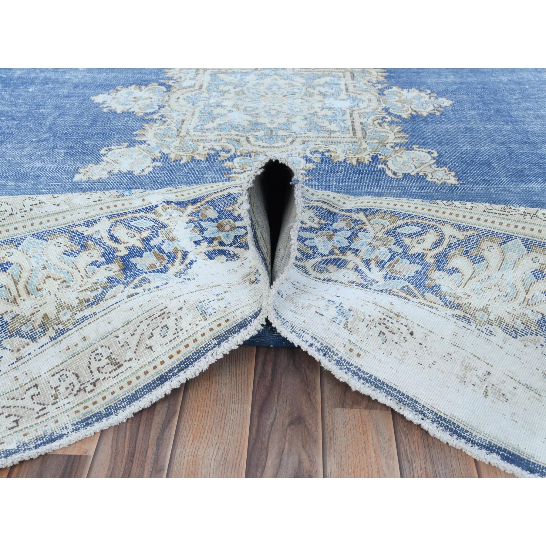 8'9"x12' Navy Blue Semi Antique Persian Kerman Worn Wool, Sheared Low, Hand Knotted, Shabby Chic Distressed Look Oriental Rug Sh81608