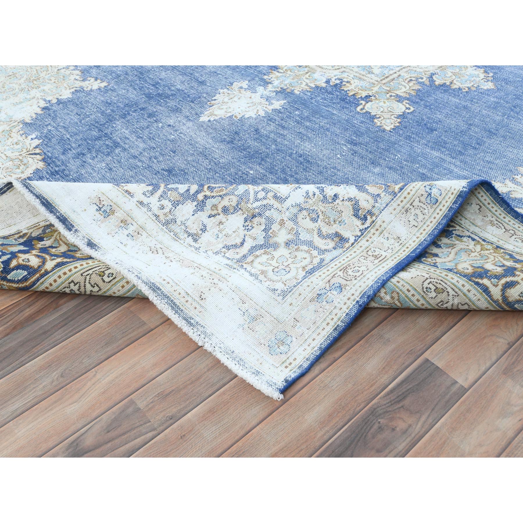 8'9"x12' Navy Blue Semi Antique Persian Kerman Worn Wool, Sheared Low, Hand Knotted, Shabby Chic Distressed Look Oriental Rug Sh81608