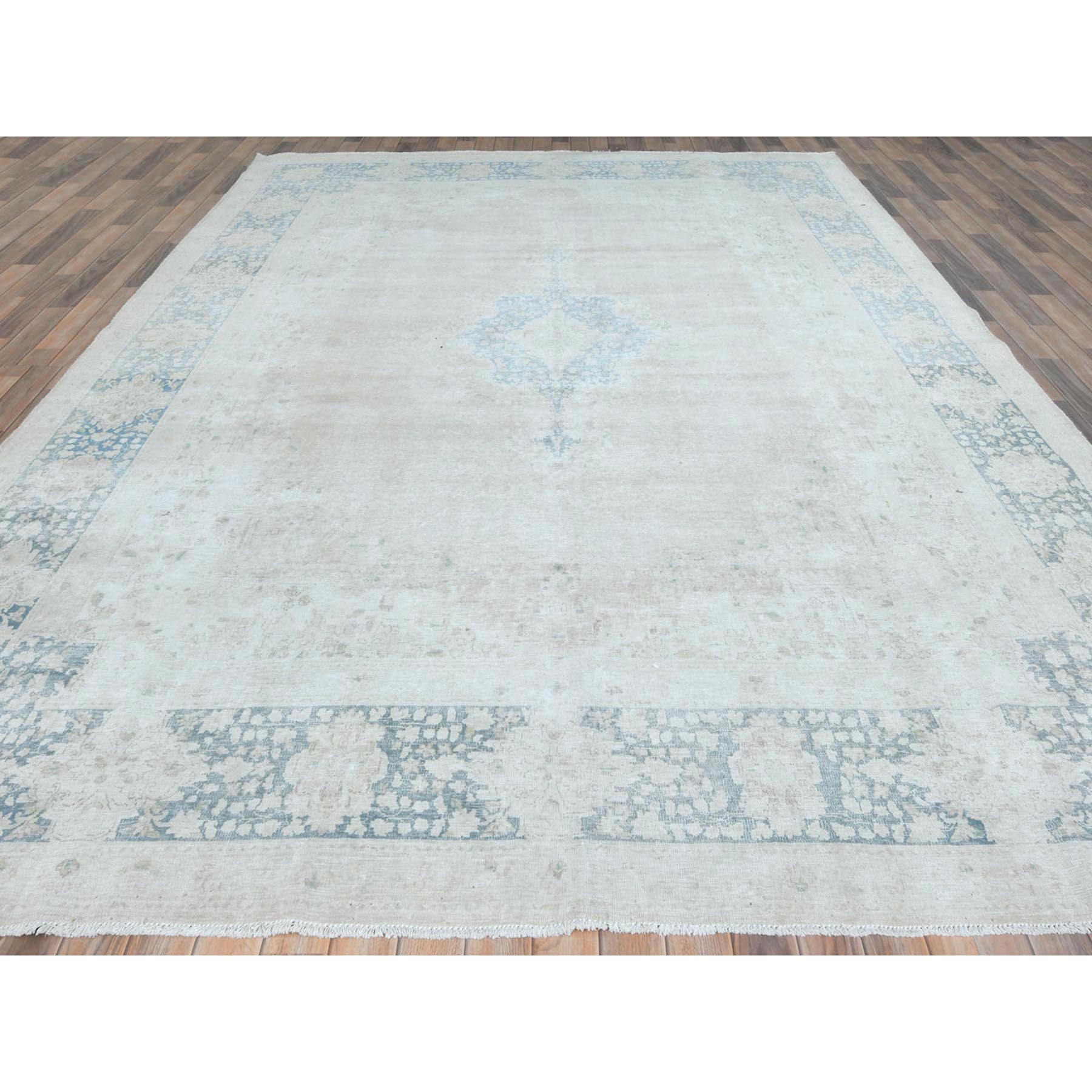 9'5"x12'6" Ivory Vintage Persian Kerman Hand Knotted Cropped Thin, Worn Wool Shabby Chic Distressed Look Oriental Rug Sh81609