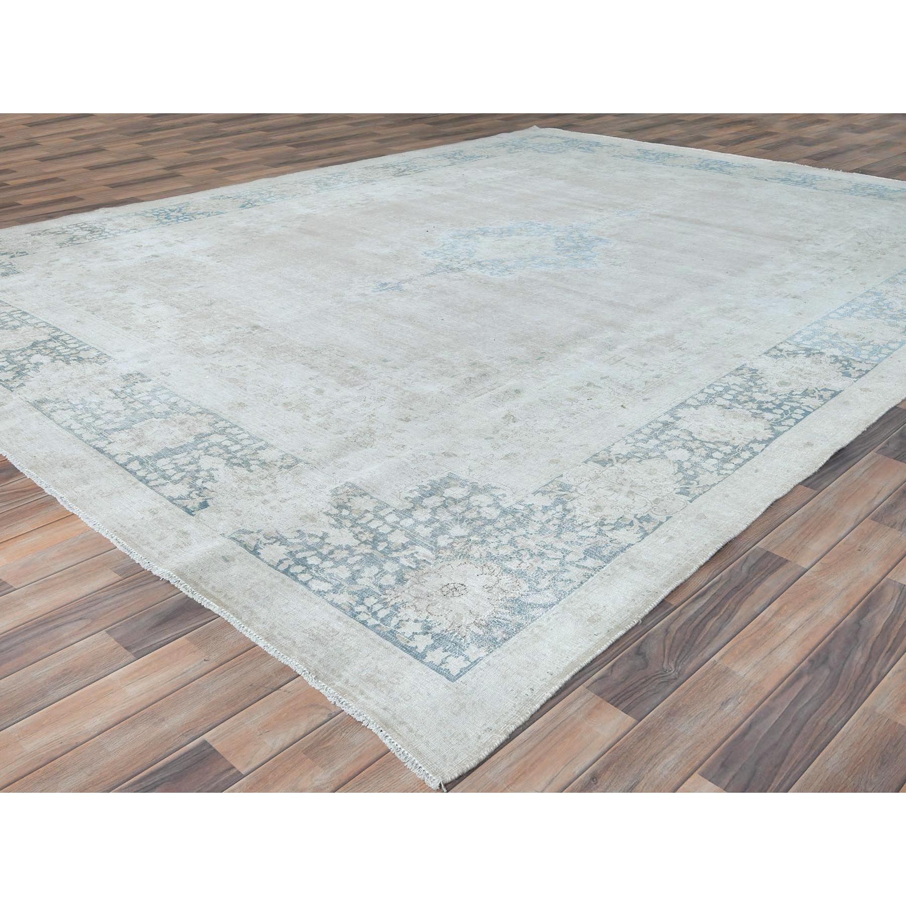 9'5"x12'6" Ivory Vintage Persian Kerman Hand Knotted Cropped Thin, Worn Wool Shabby Chic Distressed Look Oriental Rug Sh81609