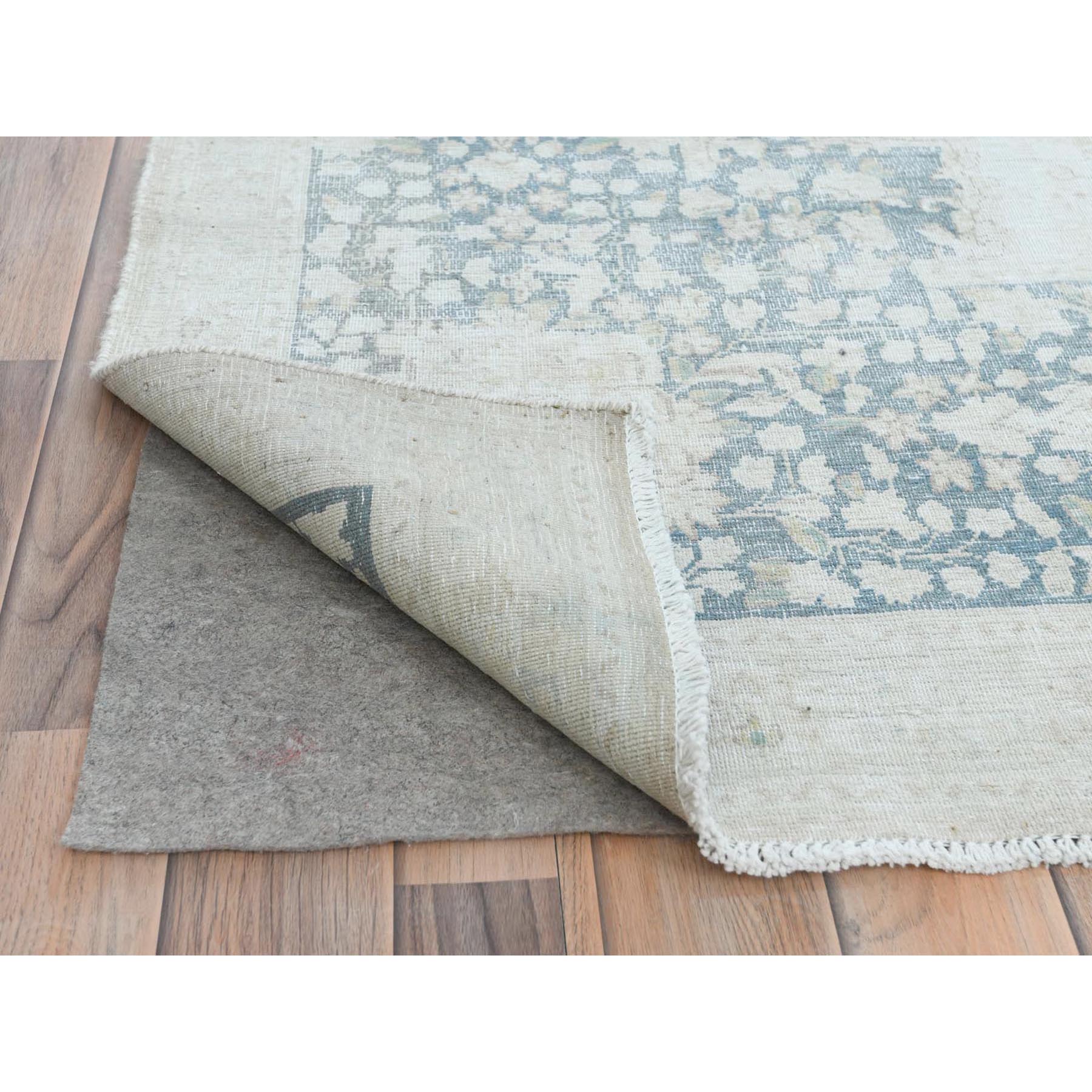 9'5"x12'6" Ivory Vintage Persian Kerman Hand Knotted Cropped Thin, Worn Wool Shabby Chic Distressed Look Oriental Rug Sh81609