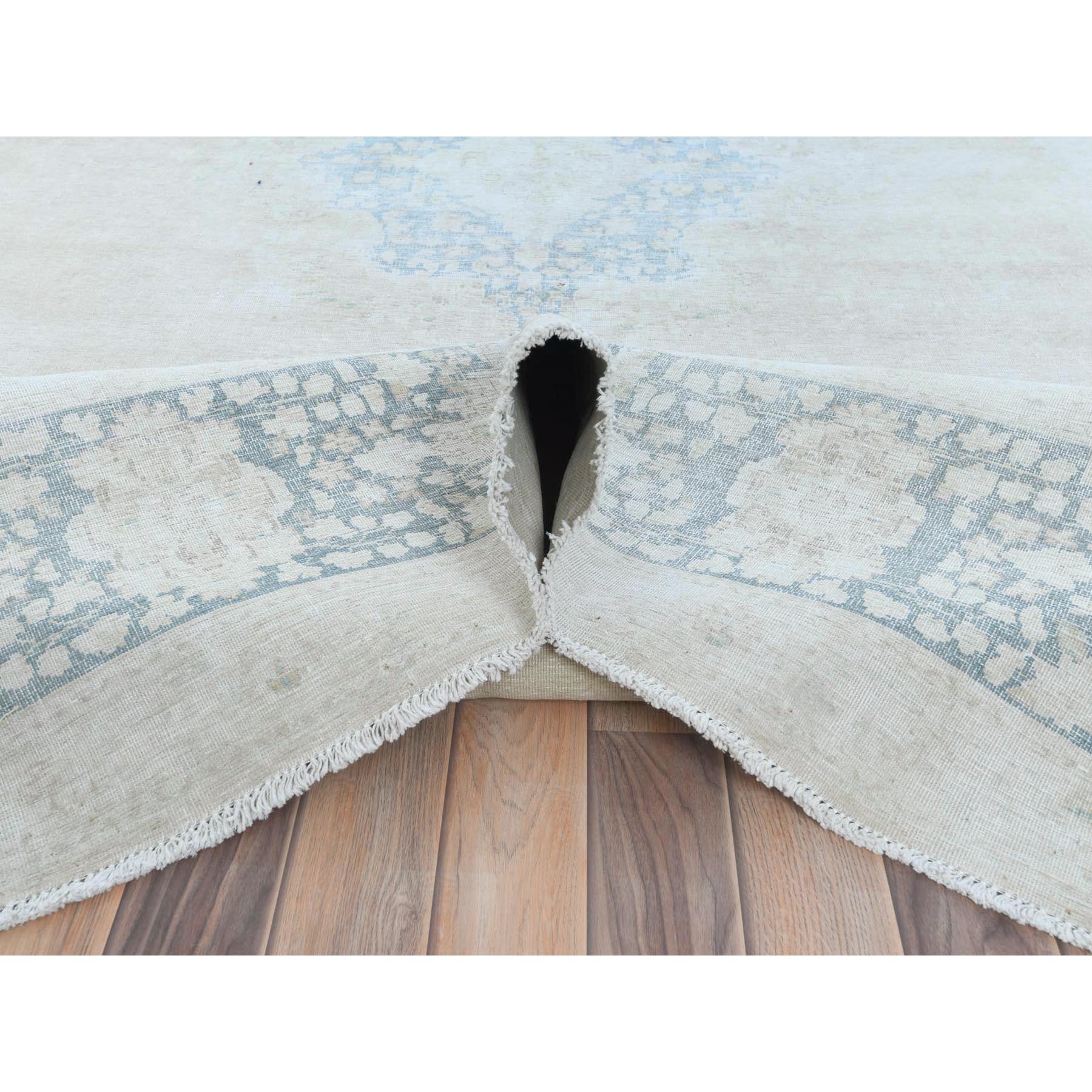 9'5"x12'6" Ivory Vintage Persian Kerman Hand Knotted Cropped Thin, Worn Wool Shabby Chic Distressed Look Oriental Rug Sh81609