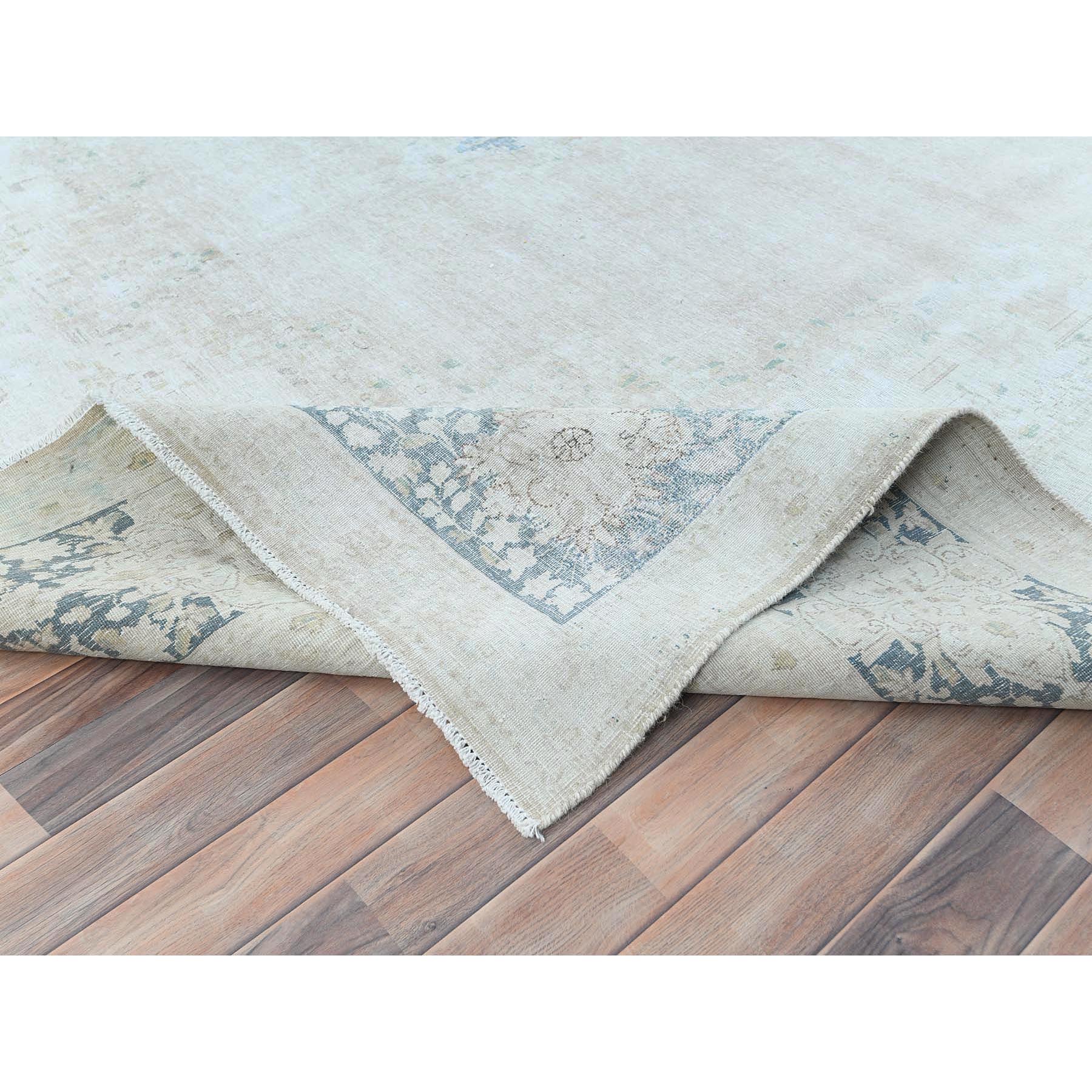 9'5"x12'6" Ivory Vintage Persian Kerman Hand Knotted Cropped Thin, Worn Wool Shabby Chic Distressed Look Oriental Rug Sh81609