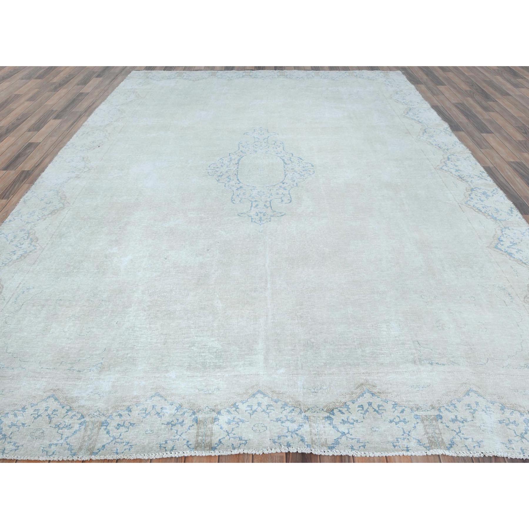 8'8"x11'8" Ivory Vintage Persian Kerman Worn Wool, Sheared Low, Hand Knotted Shabby Chic, Distressed Look Oriental Rug Sh81610