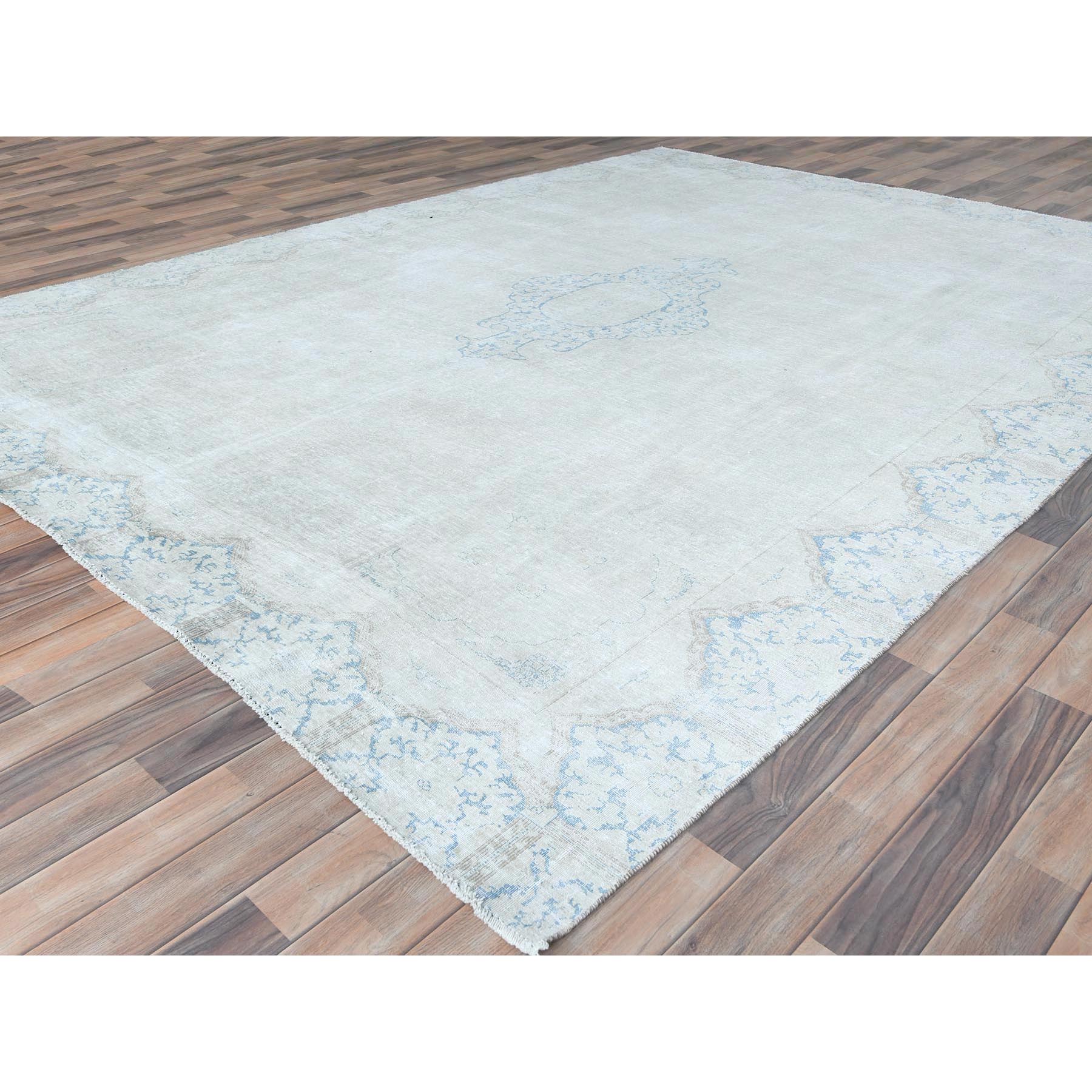8'8"x11'8" Ivory Vintage Persian Kerman Worn Wool, Sheared Low, Hand Knotted Shabby Chic, Distressed Look Oriental Rug Sh81610