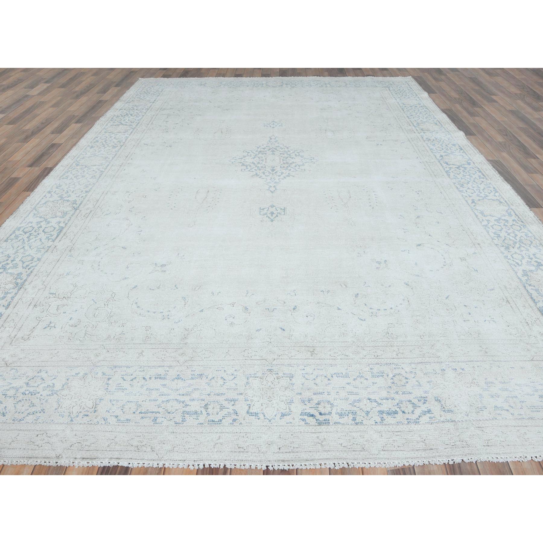 9'6"x12'9" Ivory Semi Antique Persian Kerman Hand Knotted, Sheared Low, Worn Wool, Shabby Chic, Distressed Look Oriental Rug Sh81611