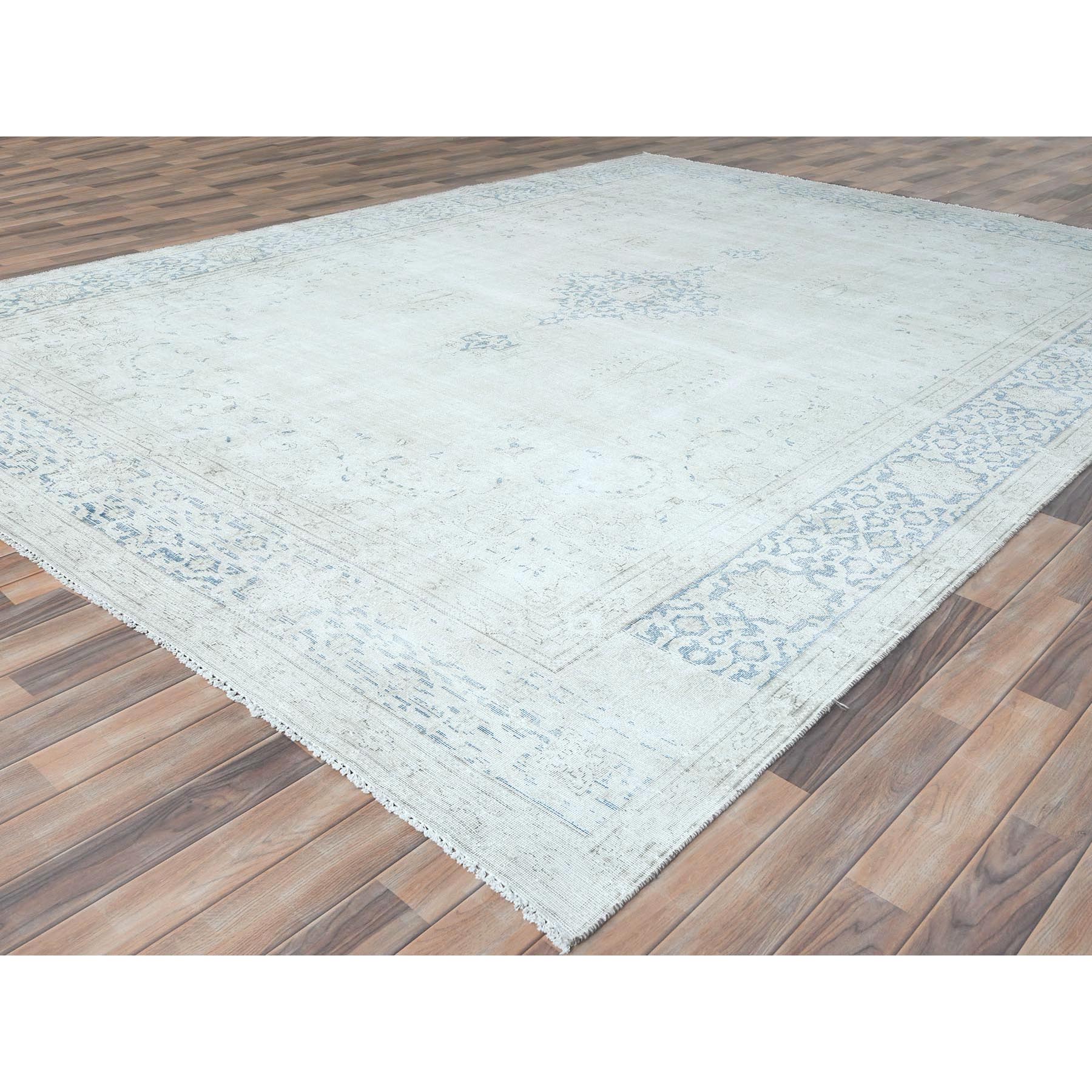9'6"x12'9" Ivory Semi Antique Persian Kerman Hand Knotted, Sheared Low, Worn Wool, Shabby Chic, Distressed Look Oriental Rug Sh81611