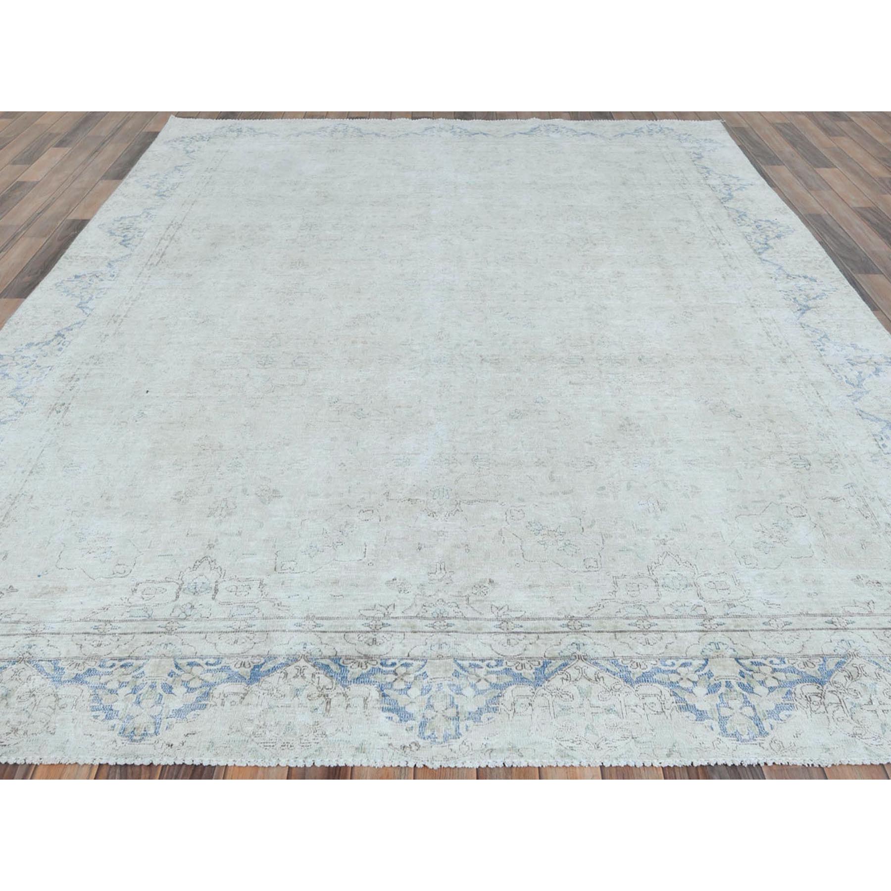 8'1"x10'9" Ivory Worn Wool, Cropped Thin, Distressed Look, Shabby Chic Vintage Persian Kerman Hand Knotted Oriental Rug Sh81613