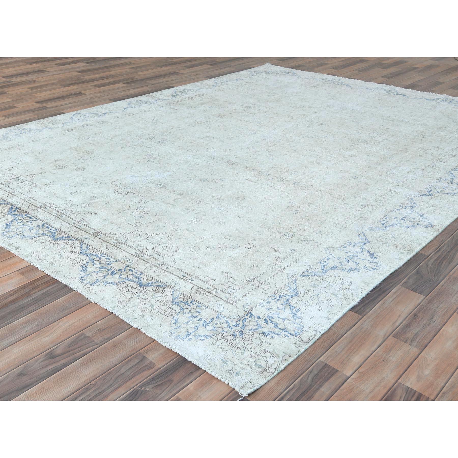 8'1"x10'9" Ivory Worn Wool, Cropped Thin, Distressed Look, Shabby Chic Vintage Persian Kerman Hand Knotted Oriental Rug Sh81613