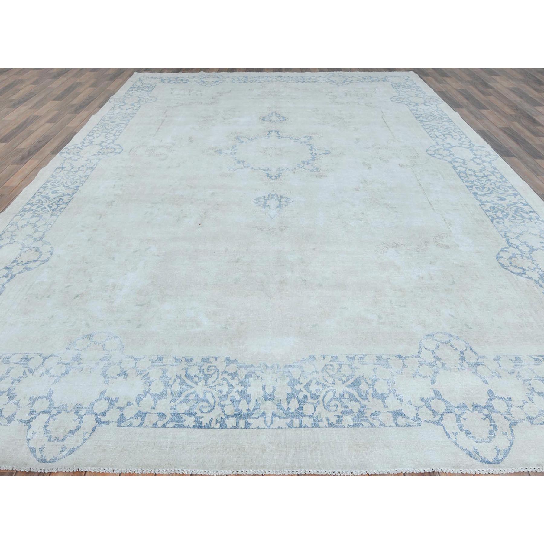 9'7"x13'10" Light Blue Worn Wool, Cropped Thin, Hand Knotted Distressed Look Shabby Chic Semi Antique Persian Kerman Oriental Rug Sh81617